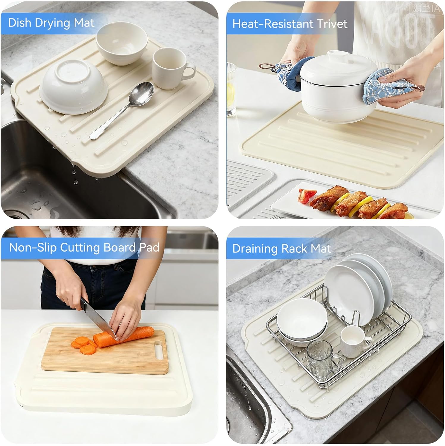 Silicone Dish Drying Mat with Drain Spout, Kitchen Countertop Mat