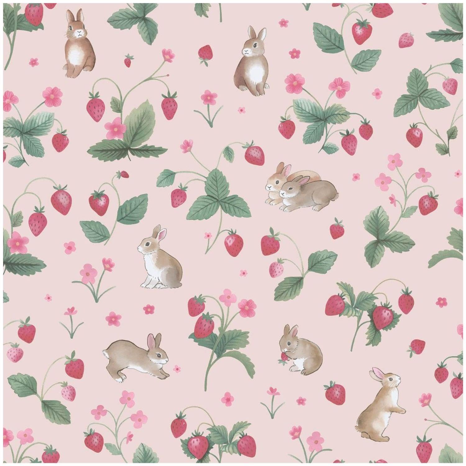 YöL Bunnies Berries Pink Wallpaper - Washable Paste The Paper - Contemporary Versatile - Kids Bedroom Nursery - Feature Statement Wall - Animal Print Botanical - Playful
