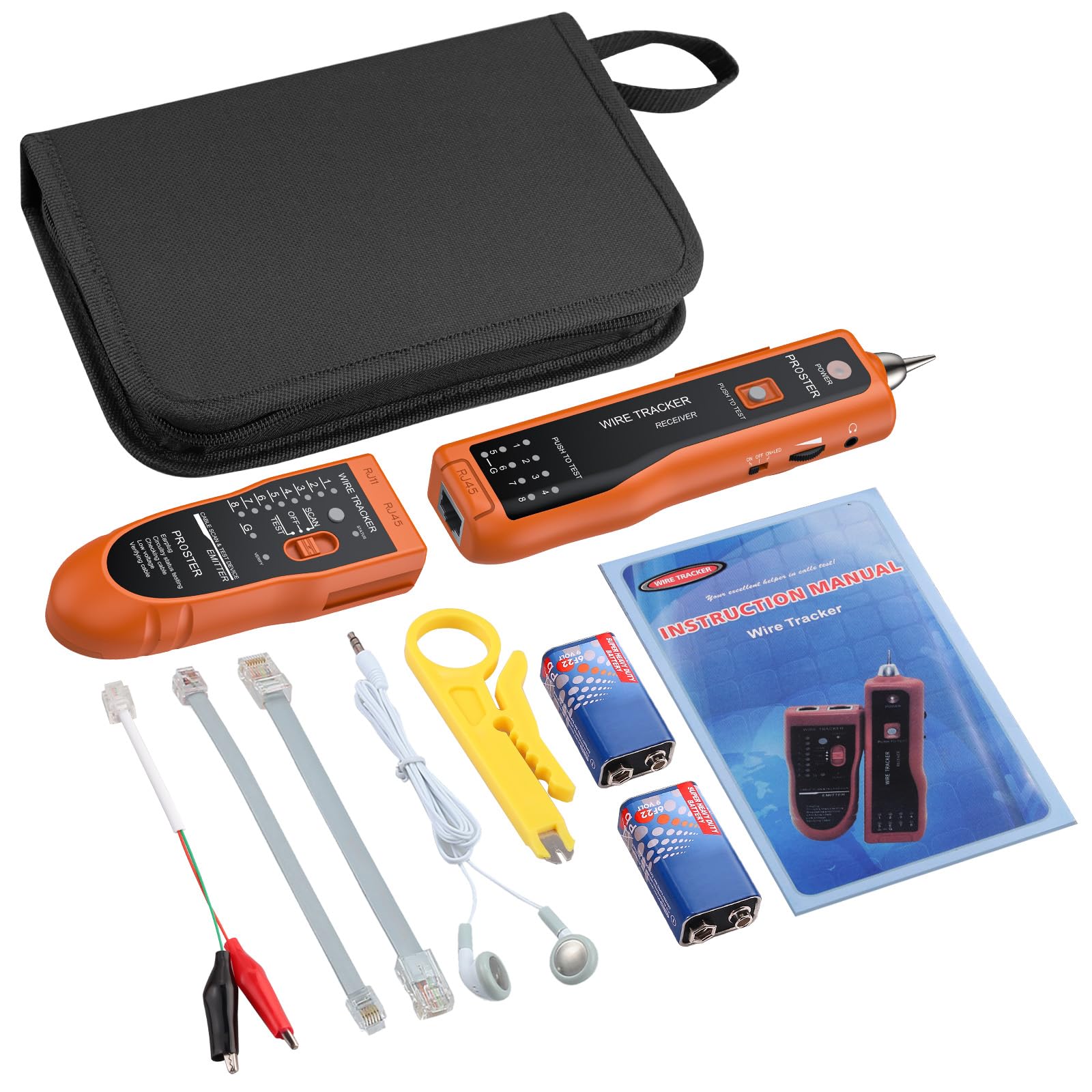 Proster Netzwerkkabel Wire Tracker XQ 350 mit Kopfhörer Hochempfindlicher Handheld Telefonkabeltester Wire Tracker für LAN Ethernet BNC RJ45 RJ11 Tester -Orange