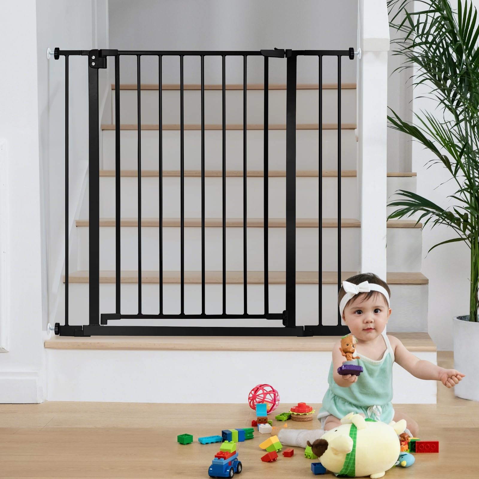 COMOMY Treppenschutzgitter ohne Bohren, 75-103cm Türschutzgitter für Kinder und Hund, Kindergitter mit 7cm und 14cm Verlängerungen, 90° Stop, Selbstschließend, 76cm Hoch (Schwarz)