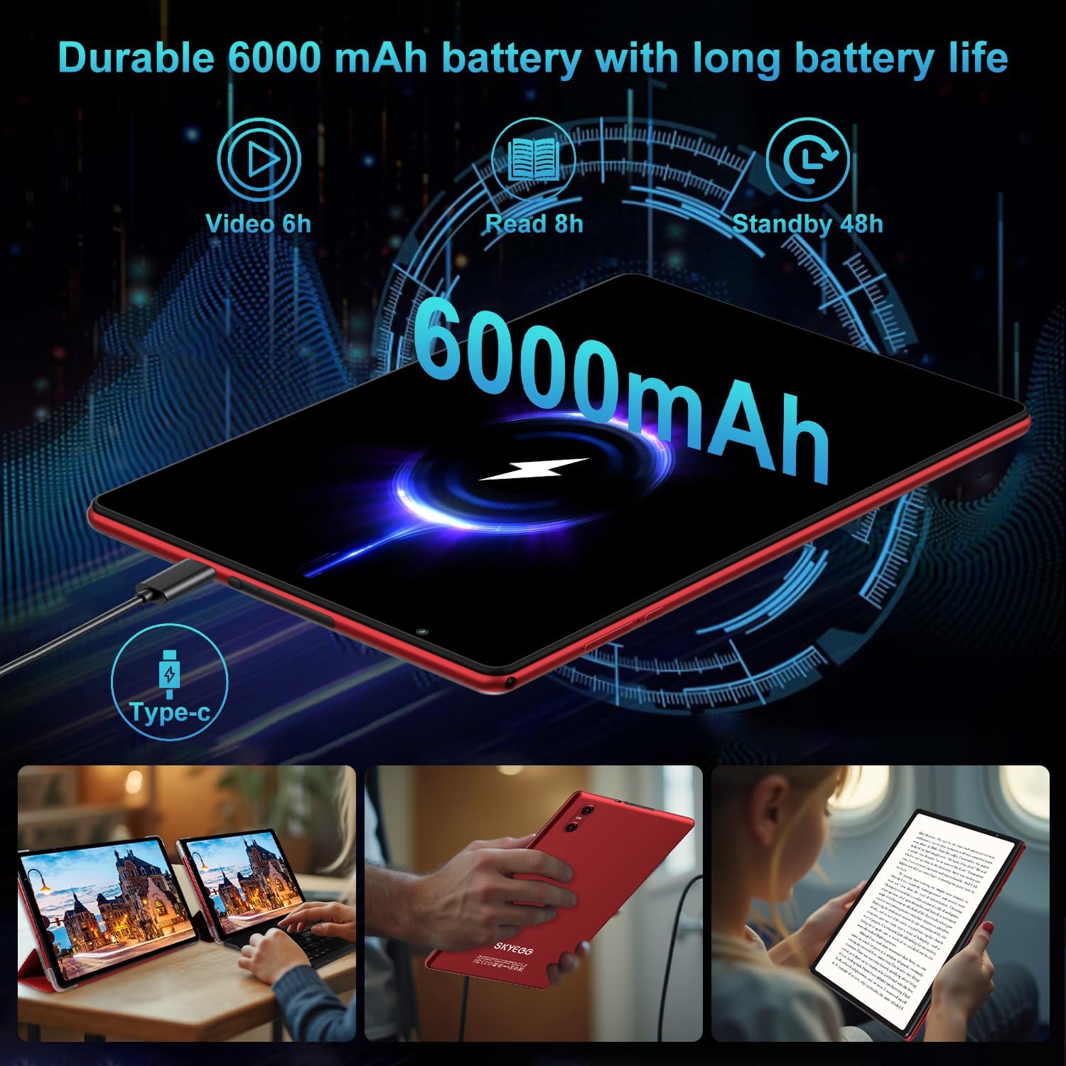 Tablet 10 Pulgadas 128 GB ROM–Ampliable hasta 2 TB, Android 15 con Gemini AI, 20 GB RAM, WiFi 6, Widevine L1, con Teclado, Ratón y Funda – Rojo 9