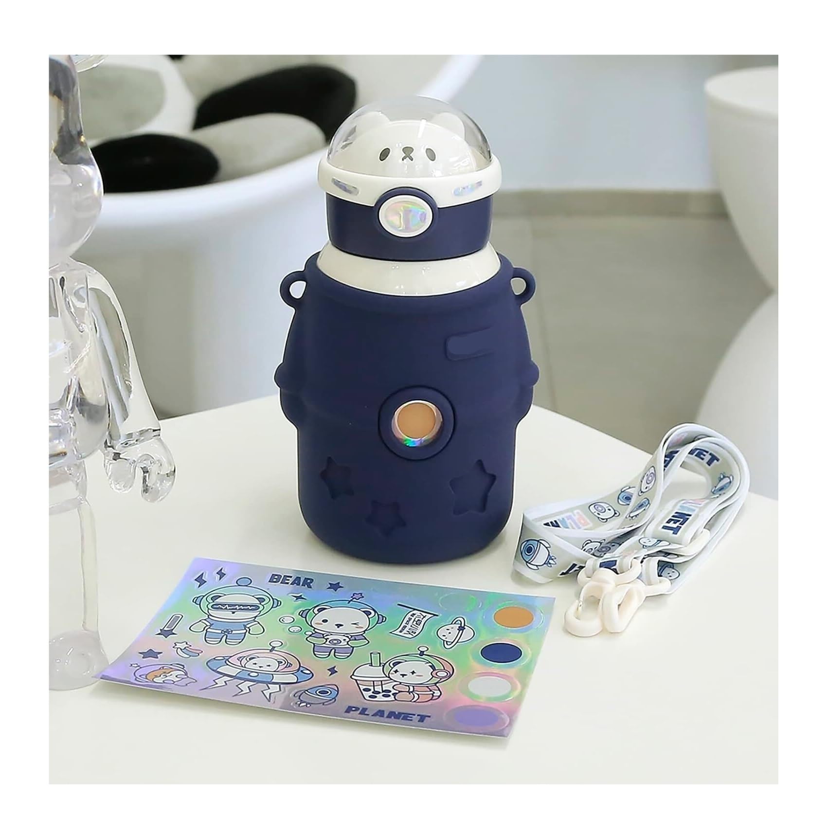 Thermosflasche aus Edelstahl, Kawaii-Isolierbecher mit Aufklebern, 500 ml, Wärmflaschen mit verstellbaren Riemen, Kinder-Wasserflaschen, Reise-Fitness-Trinkausrüstung(Blue)