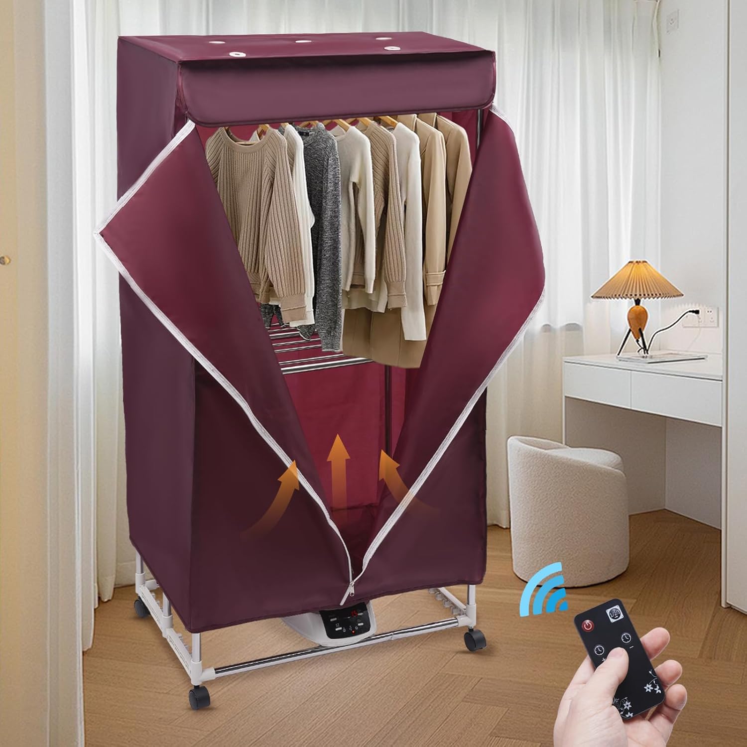Portable Clothes Dryer, 1500W Power Electri with Timer, Laundry Apartment Dryer 2-Tier Electric Clothes Dryer Machine Stackable Clothes Drying Rack for Travel, Apartments, RV, Home(Wine Red)