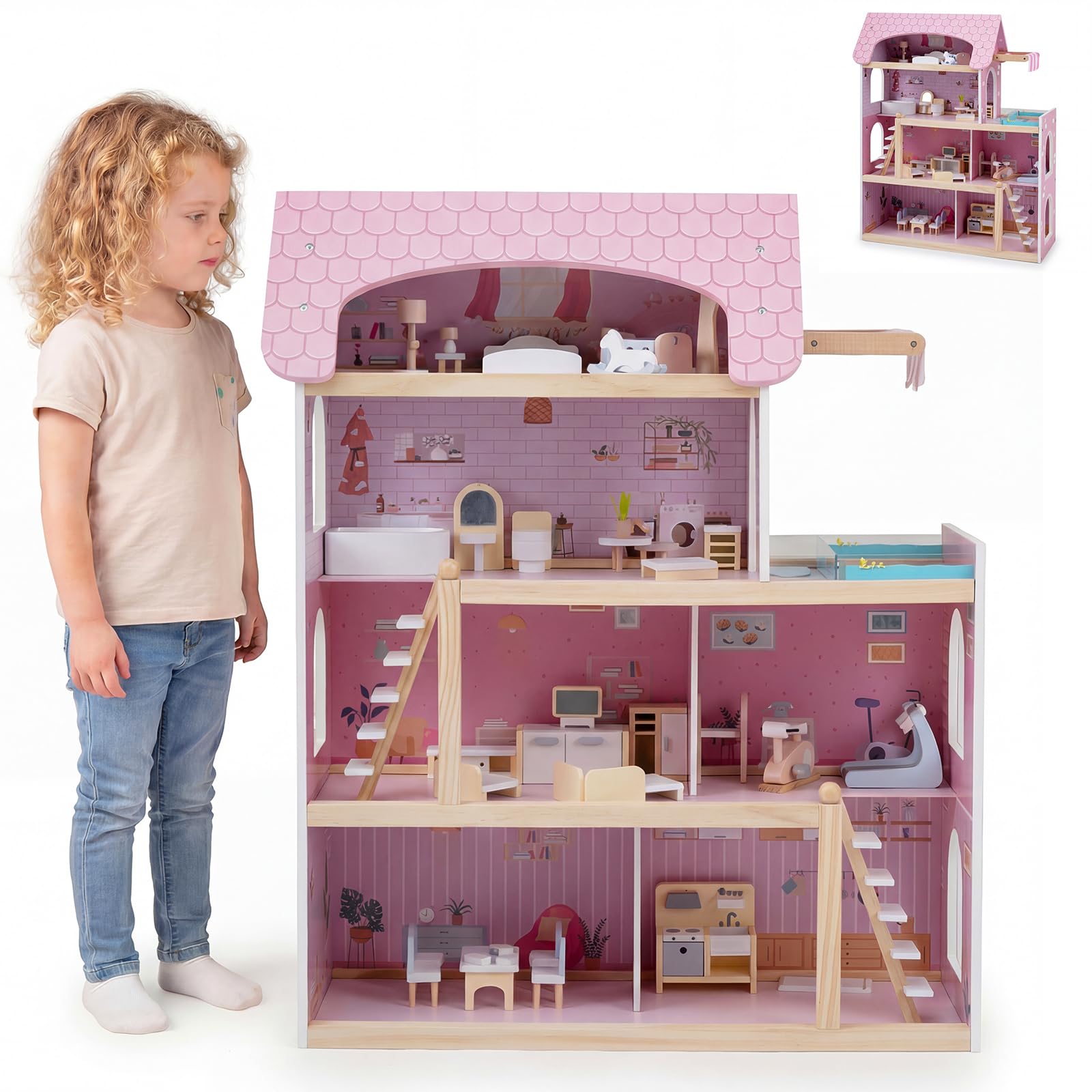 HOMASIS Puppenhaus inkl. komplettem Möbeln & Zubehör, Bunt Puppenstube Holz, Puppenvilla mit 3 Etagen & vielen Zimmern, Dollhouse für Mädchen, Traumvilla für Kinder ab 3 Jahren (Modell 5, Rosa)