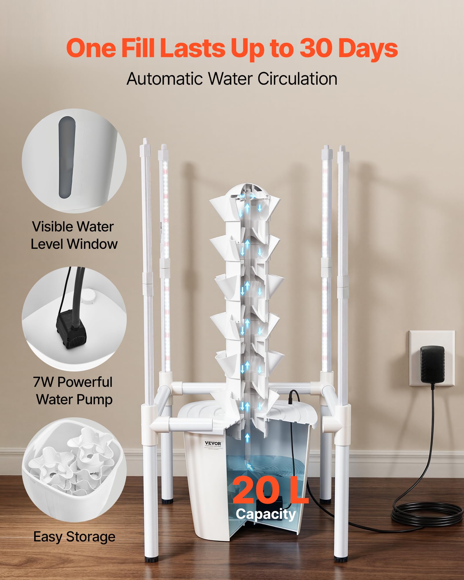 VEVOR Kit de Cultivo Hidropónico, Sistema de Torre Hidropónica, 6 Niveles y 30 Agujeros, con Luces LED Control de APP Bomba de Agua y Depósito de 20 L, Plantador Interior para Hierbas Frutas Vegetales