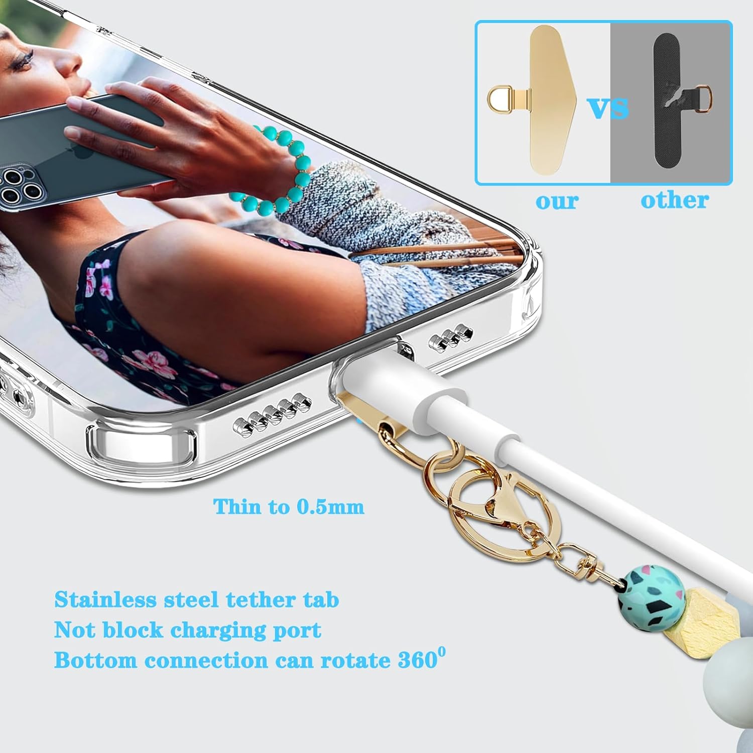 Silicone Beaded Phone Wrist Strap, Phone Bracelet Strap with Tether Tab Elastic Hands Free Wristlet Strap - Image 4