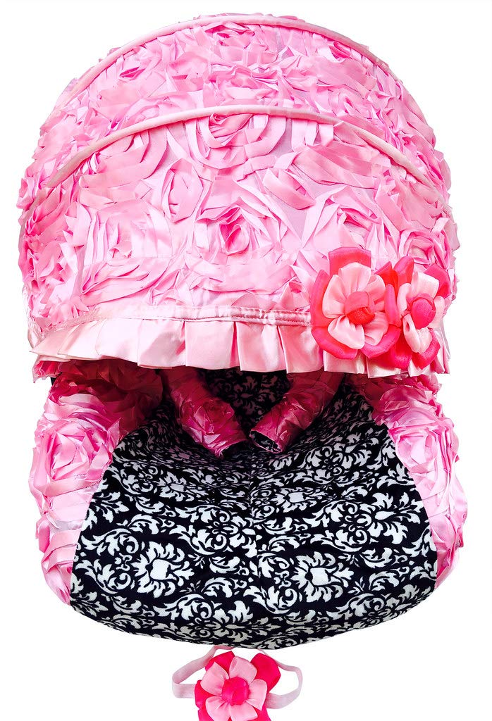 Rosy Kids Infant Carseat Canopy Cover 3pc Whole Caboodle, Baby Car Seat Cover Outdoor Kit, 3D Rosette Fabric, Baby Pink Damask Print