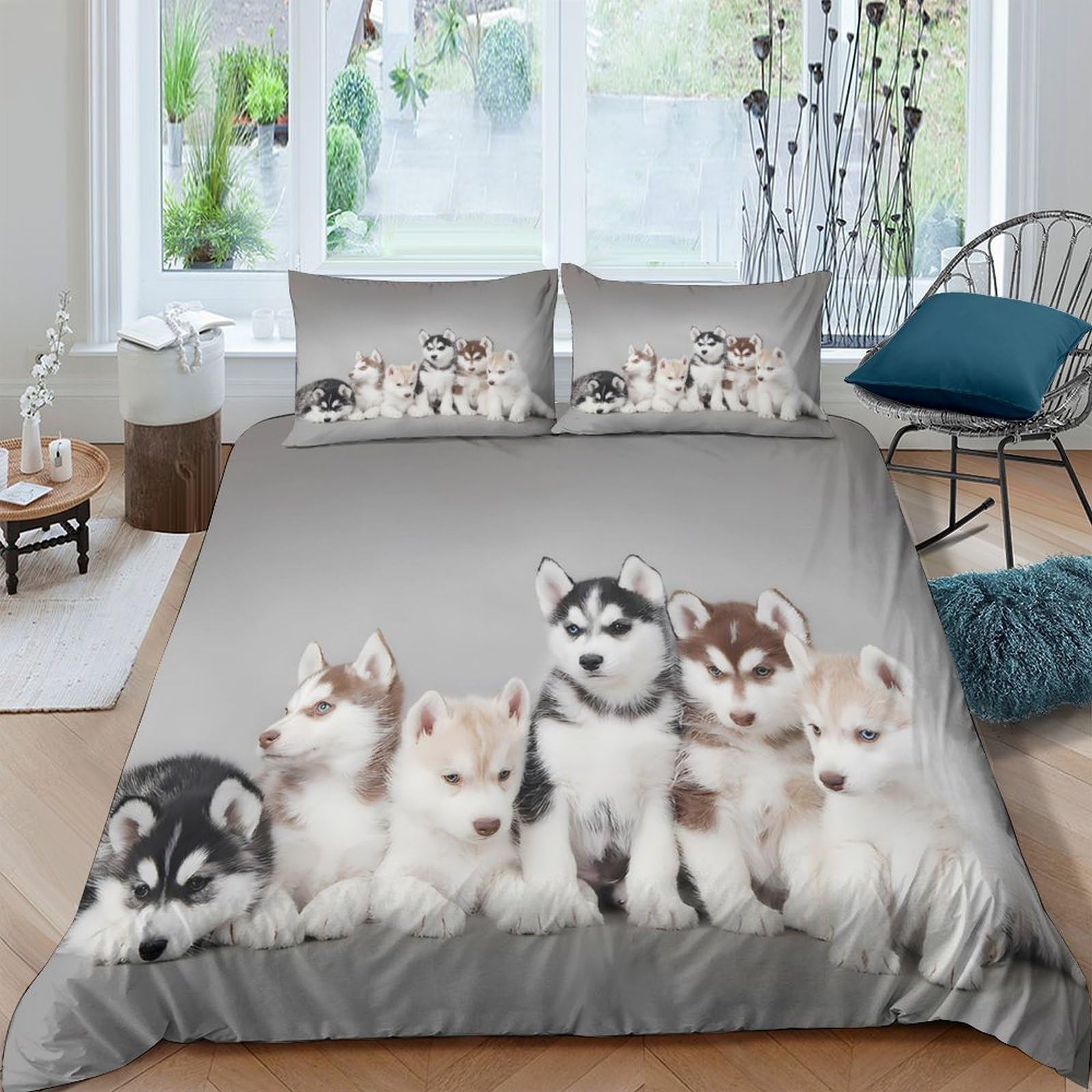Ctjqhvkz Style-4 3D Printed Husky Puppy Fitted Sheet Microfiber Soft Grey Dog Pattern Bed Cover For Bedroom Dorm Mattress Protector Decor Single（135X200cm）