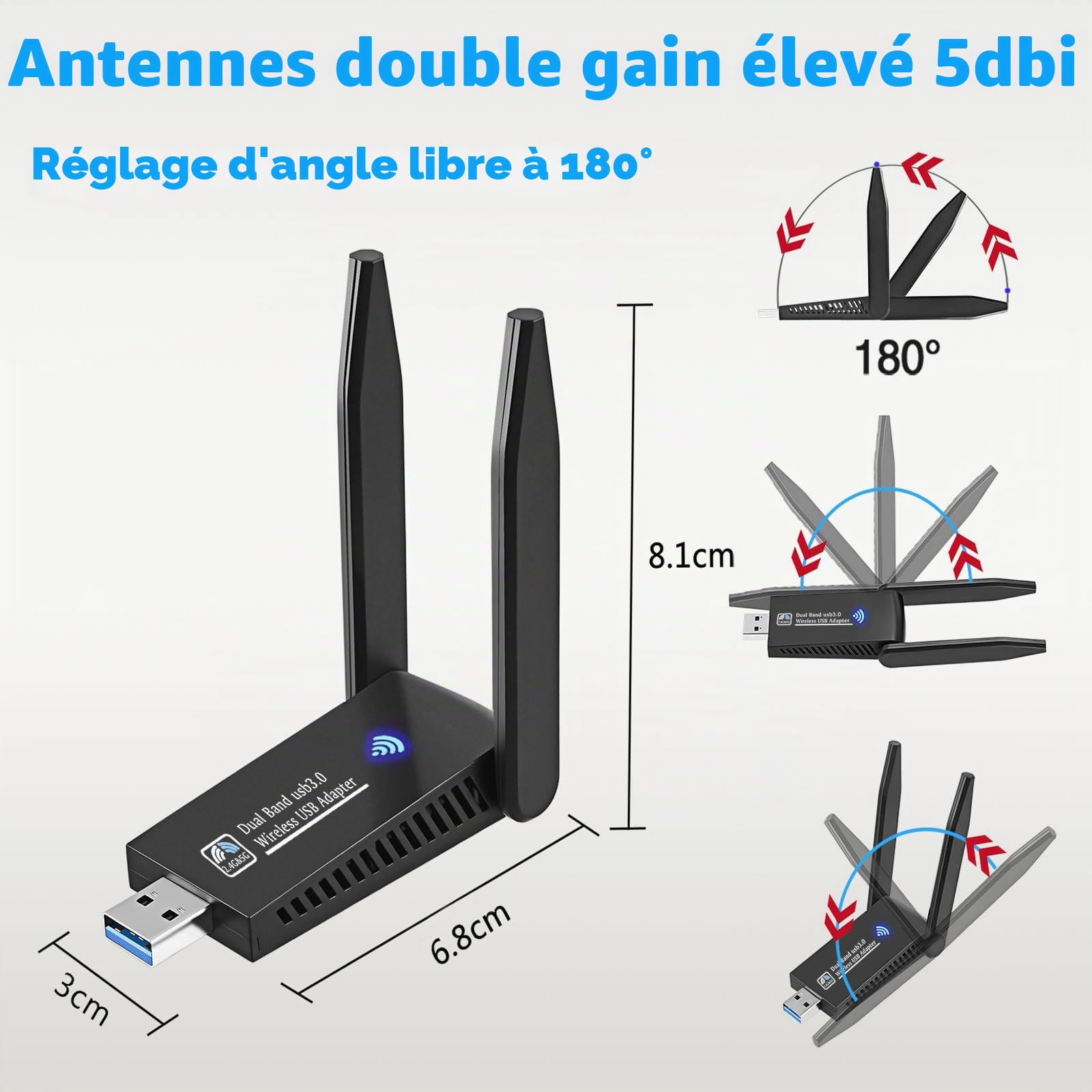AC1300 Mbps cle WiFi, Double antenne WiFi USB 3.0 Double Bande, 2.4G / 5GHz, MU-MIMO clé WiFi, Carte WiFi pour pc antenne à Gain élevé 5dBi, Compatible avec Windows 11/10/8.1/8/7/XP
