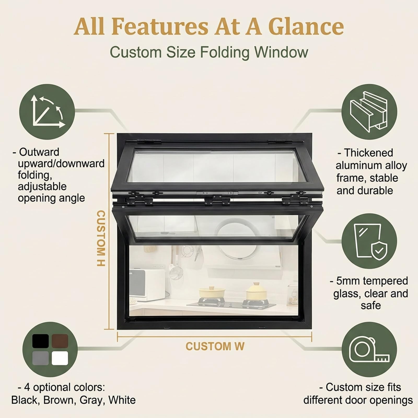 Fenêtre de service en verre trempé pour food truck et remorque(White,W x H 24 x 48 in)