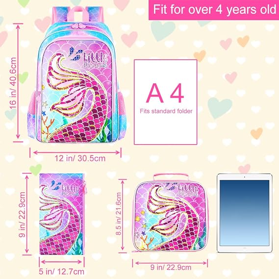 AGSDON 3PCS Kids Backpacks for Girls, 16 Little Kid Mermaid Backpack Preschool School Bookbag and Lunch Box