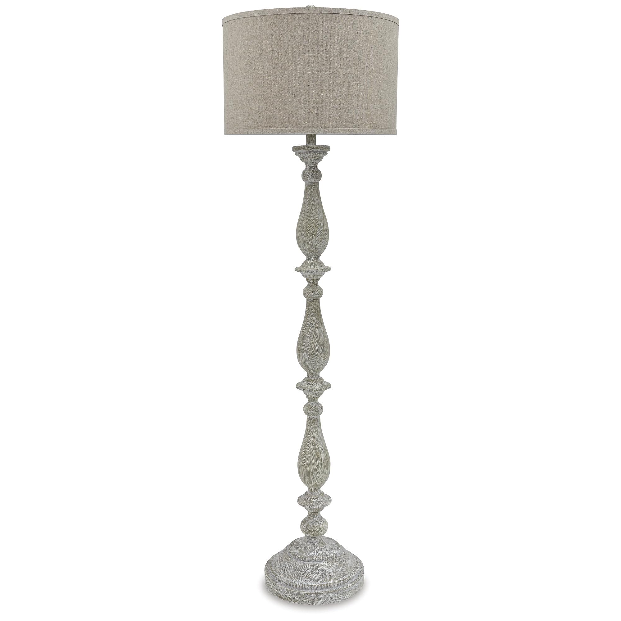 Signature Design by Ashley Bernadate Cottage Candlestick Design Poly Floor Lamp, 3-Way Switch, Cast Resin & Fabric Drum Shade, 18" W x 18" D x 61.13" H, Whitewash