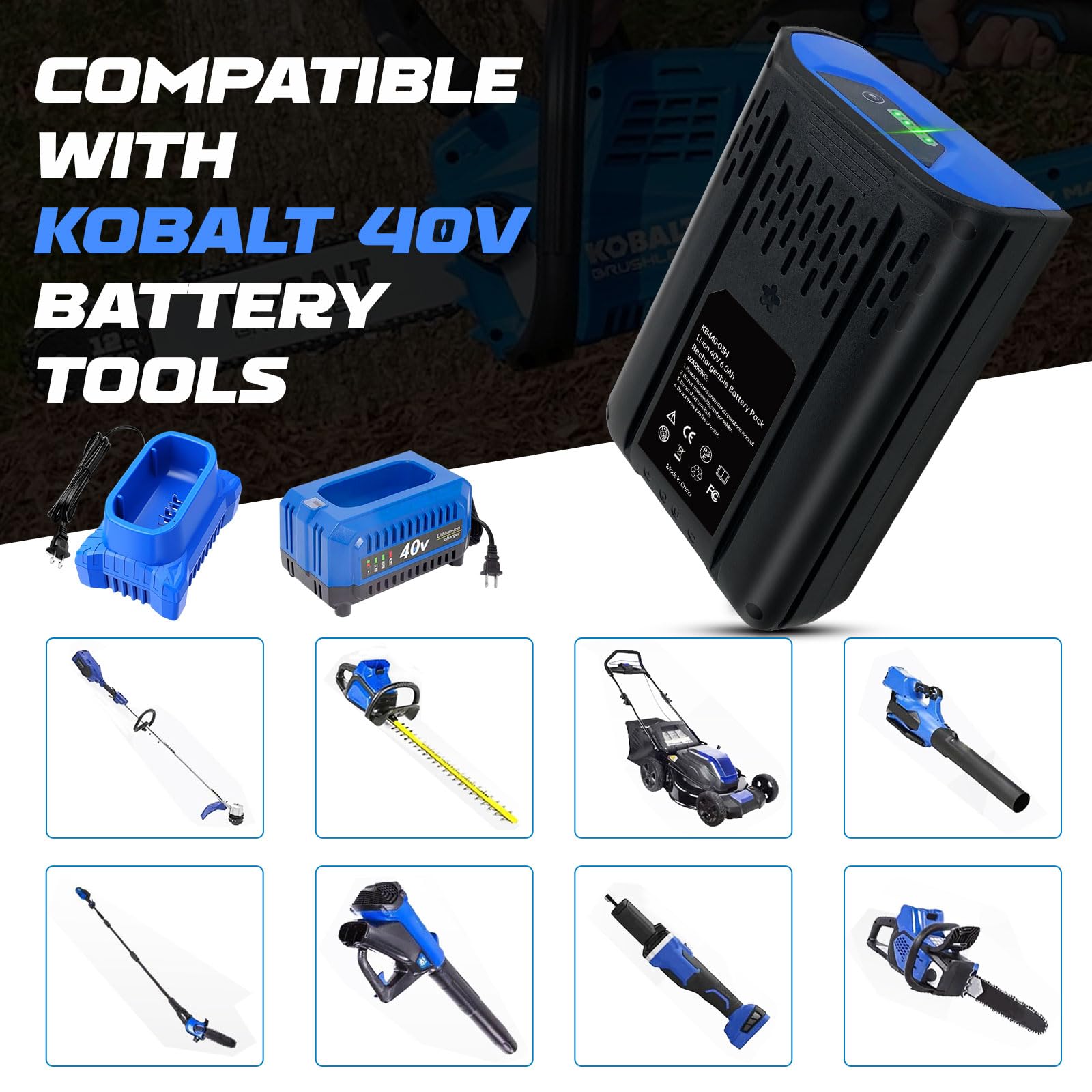 Paquete de 2 baterías de 40 V de 6.0 Ah de repuesto para batería Kobalt de 40 V, compatible con soplador Kobalt de 40 voltios KPM1040A-03 KM-1640-06 KM-4040-06 KB-540-06 KB240-06 Series Cordless Power