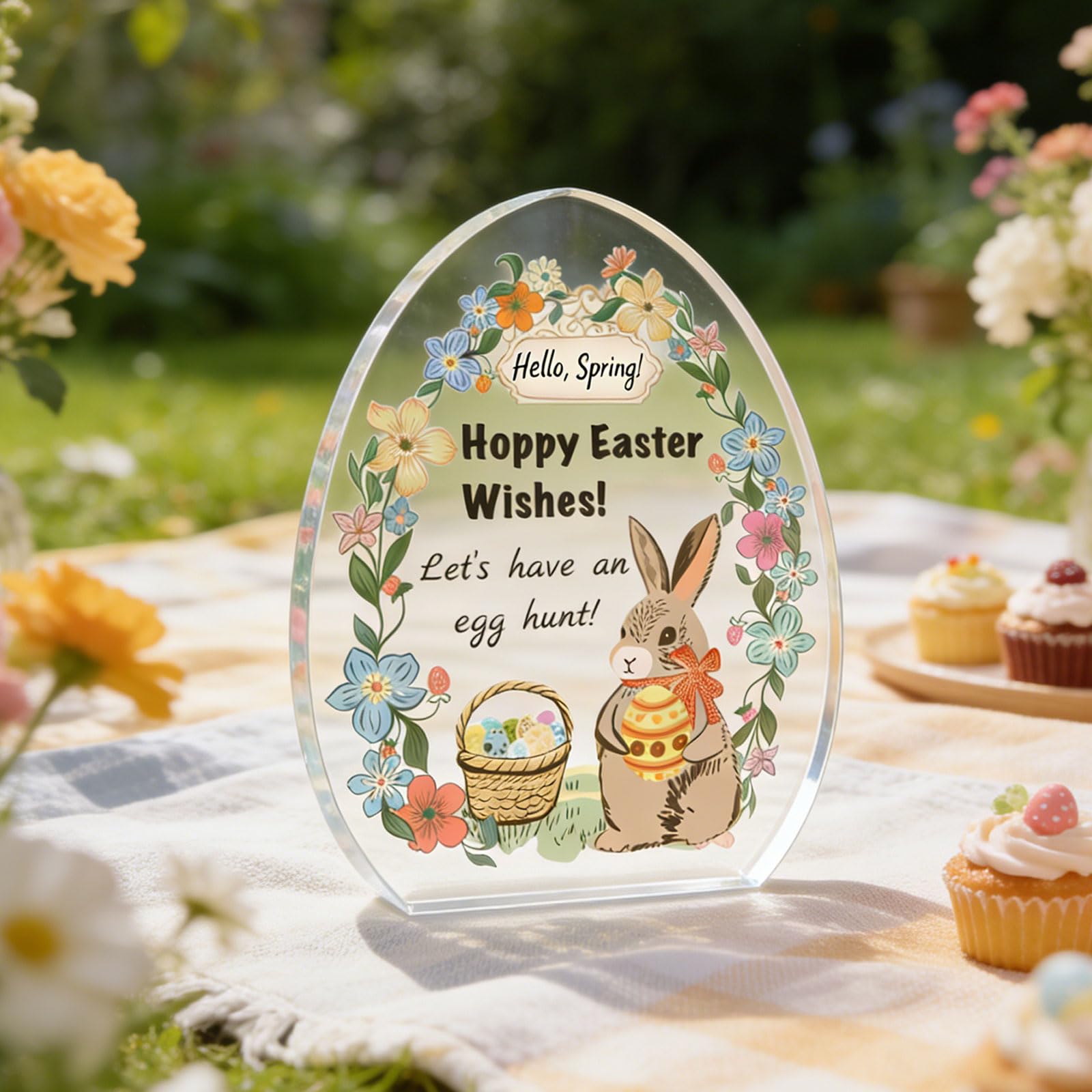 Easter Acrylic Plaque Decor - Hello Spring! Egg-Shaped Gift for Couples with Bunny, Eggs & Basket, Festive Tabletop Decor