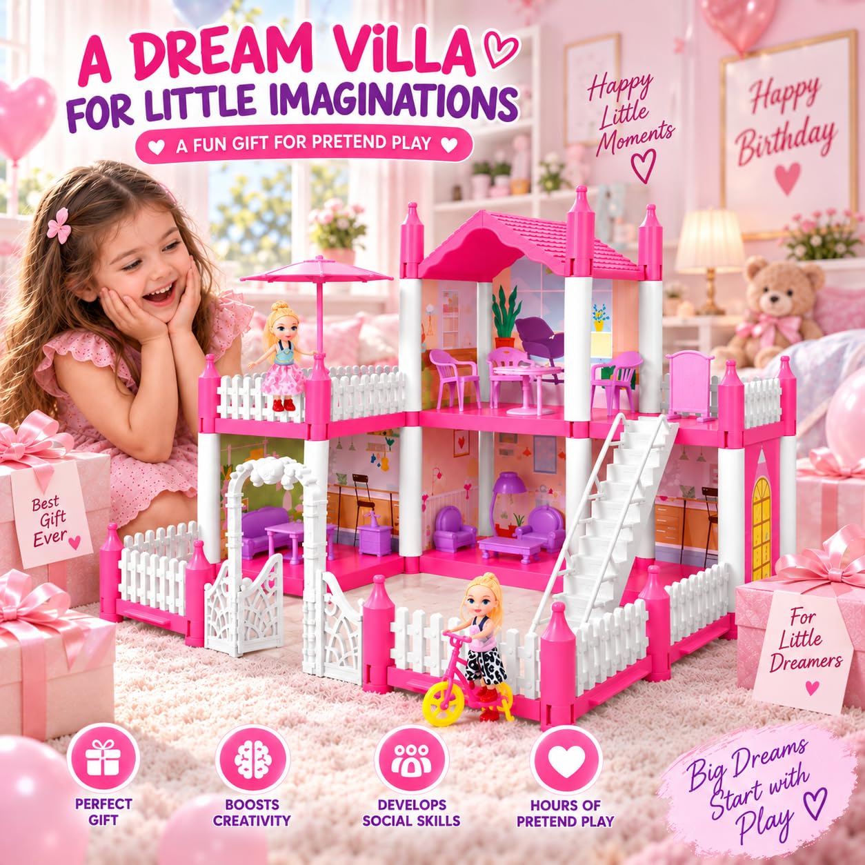 4 Room Doll House Villa - Girls Play Set -7 4 Room Doll House Villa - Girls Play Set -7
