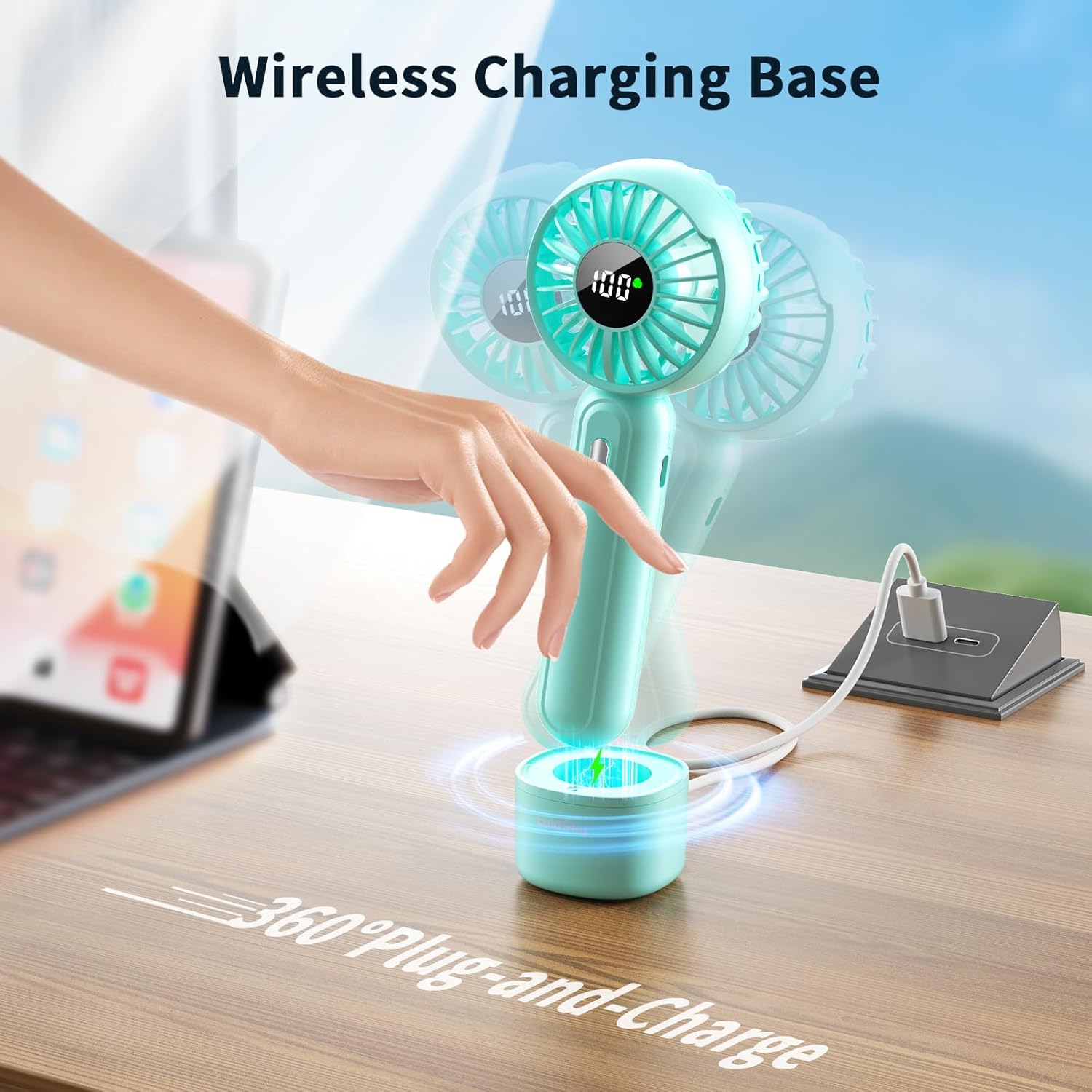 coldSky F03 Handheld Fan on its wireless charging base
