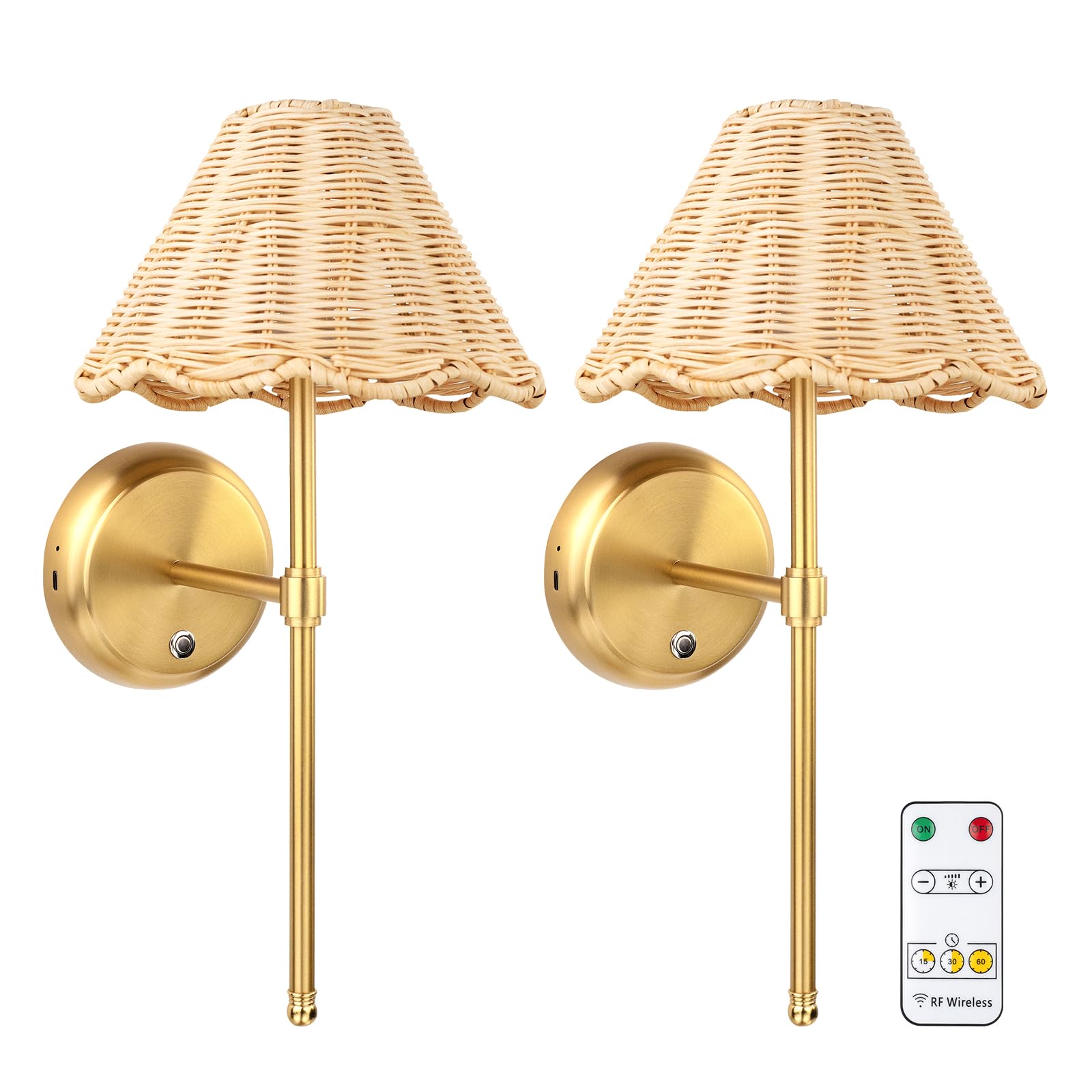 Juego de 2 apliques de pared de ratán bohemio que funcionan con pilas, lámpara de pared magnética de atenuación continua, batería recargable de 5200 mAh y LED integrado, para sala de estar