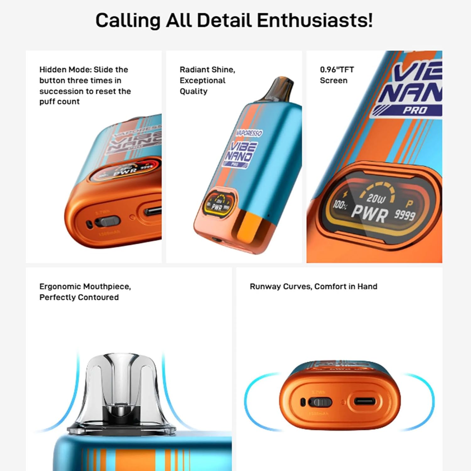Obrázky zvýrazňující skrytý režim pro resetování počtu potahů, zářivý lesk, 0.96palcovou TFT obrazovku, ergonomický náustek a pohodlný design Vaporesso Vibe Nano Pro.