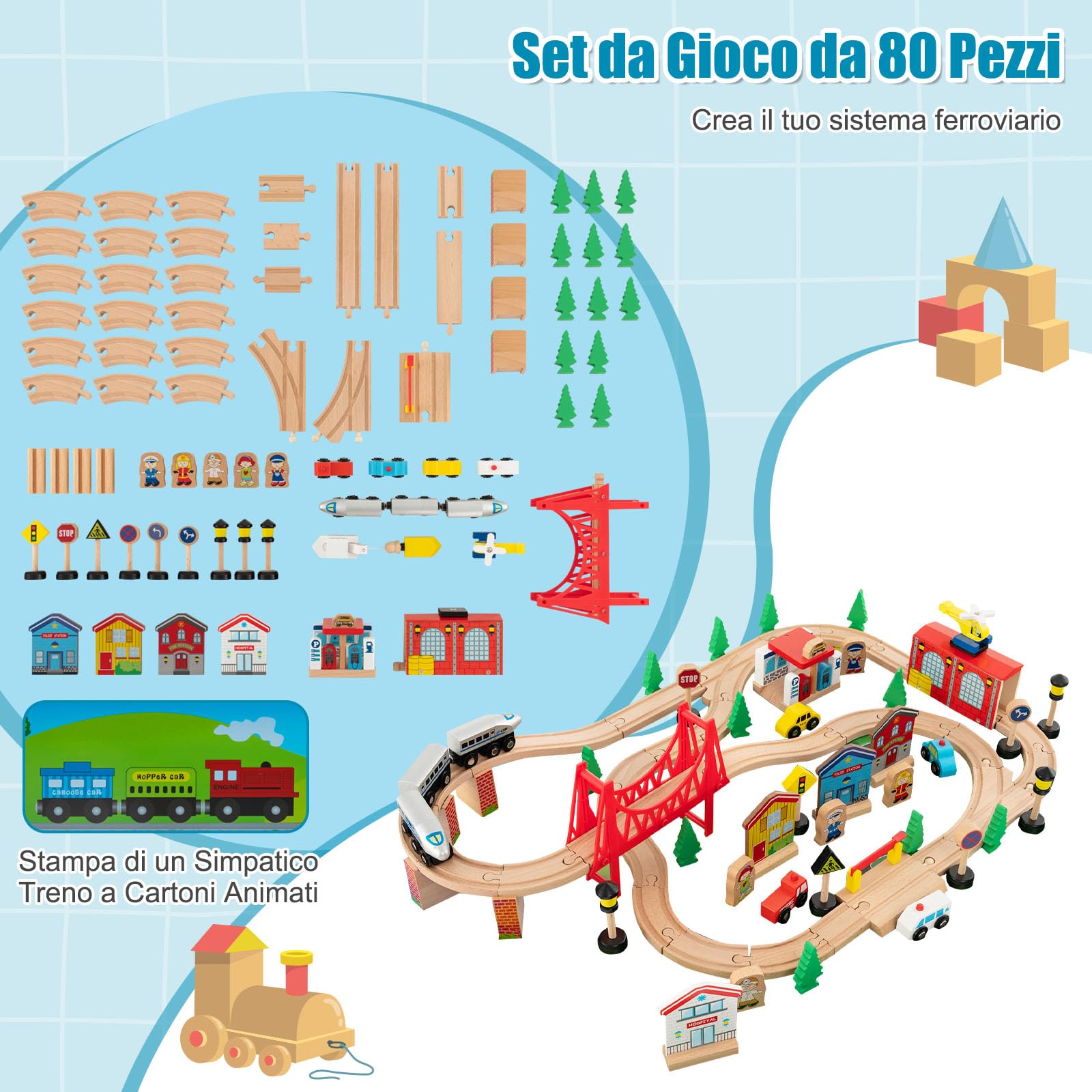 GYMAX Tavolo e Set Ferrovia in Legno, Set Gioco Colorato da 80/84 Pezzi con Piano Reversibile, Cassetto, Binari, Treni, Figure, Macchinine, Tavolo Giocattolo Educativo per Bambini 3 Anni+ (Stile 2)