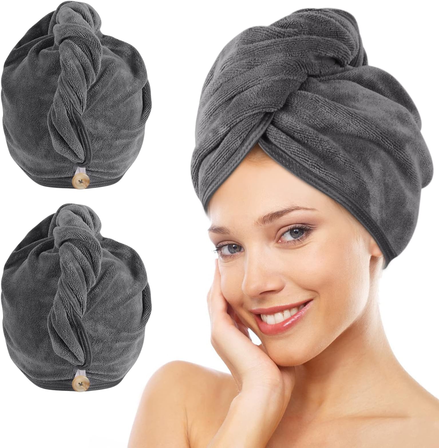 Microfibre Hair Towels Wrap Super Absorbent 30x70cm Large Dry Hair Turban for Women Wet Long Thick Hair 2 Pack Darkgrey