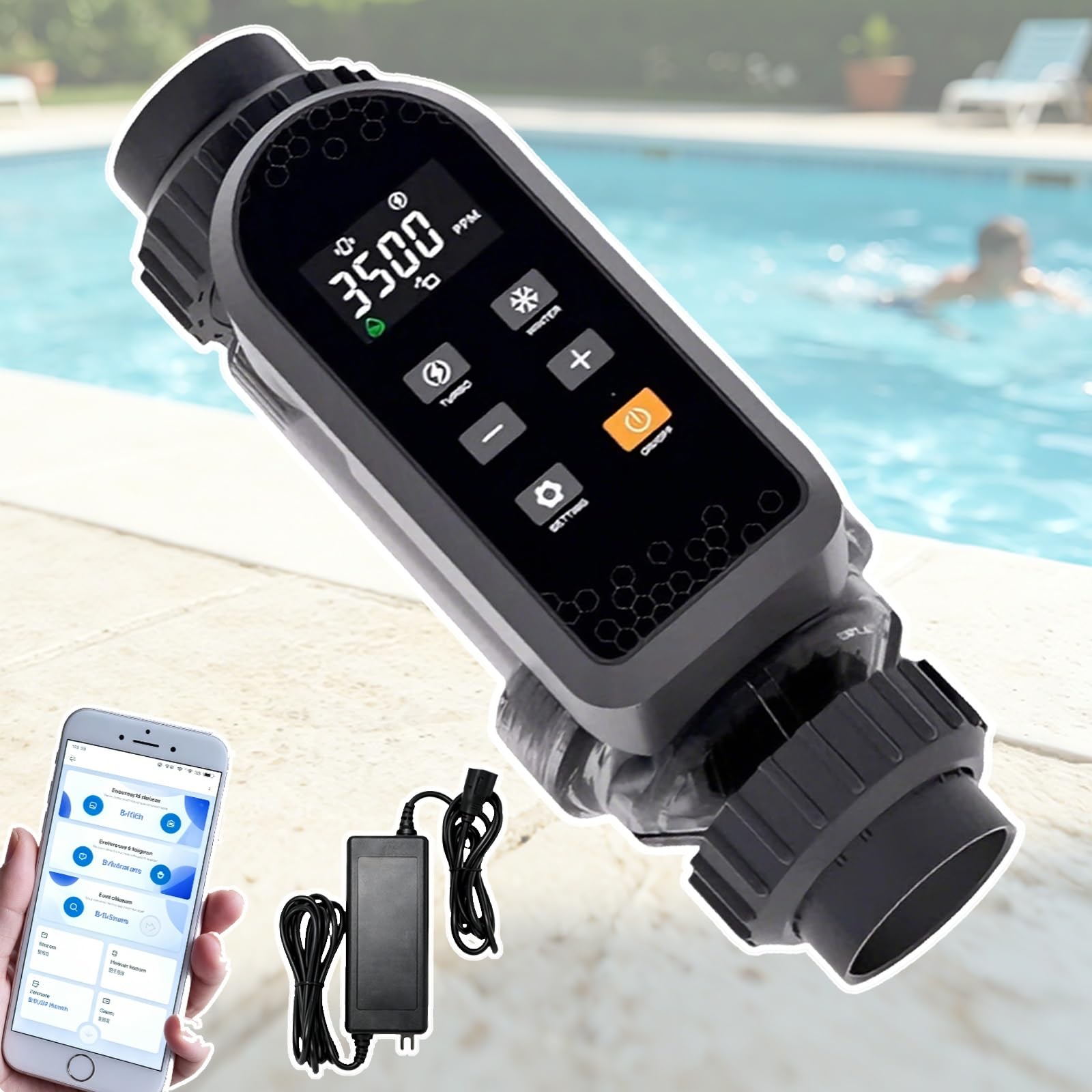 Sistema Inteligente de clorador de Piscina de Agua Salada, con Control de aplicación, celda de Titanio autolimpiante, monitoreo Digital y Alarma, for Piscinas enterradas y elevadas(20g/h)