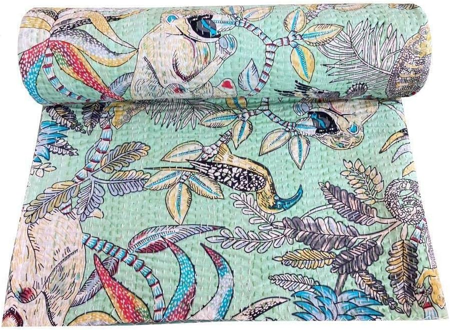 Monkey Animal Print Kantha Hippie Handmade Quilt Handblock Sofa Cover Bohemian Bedspread Reversible Throw Blanket California King/Queen/Twin (Green, 60X90 Inches)