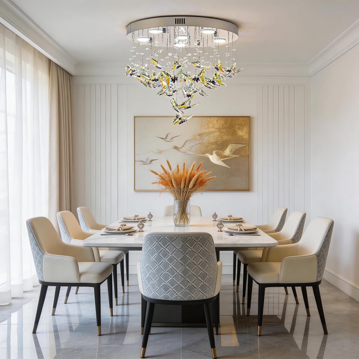 18 inch Modern LED Crystal Ceiling Light, Flush Mount Crystal Chandelier with Remote and APP Control, 3CCT Dimmable, Elegant Butterfly Ceiling Chandeliers for Dining Room Bedroom Foyer Living Room
