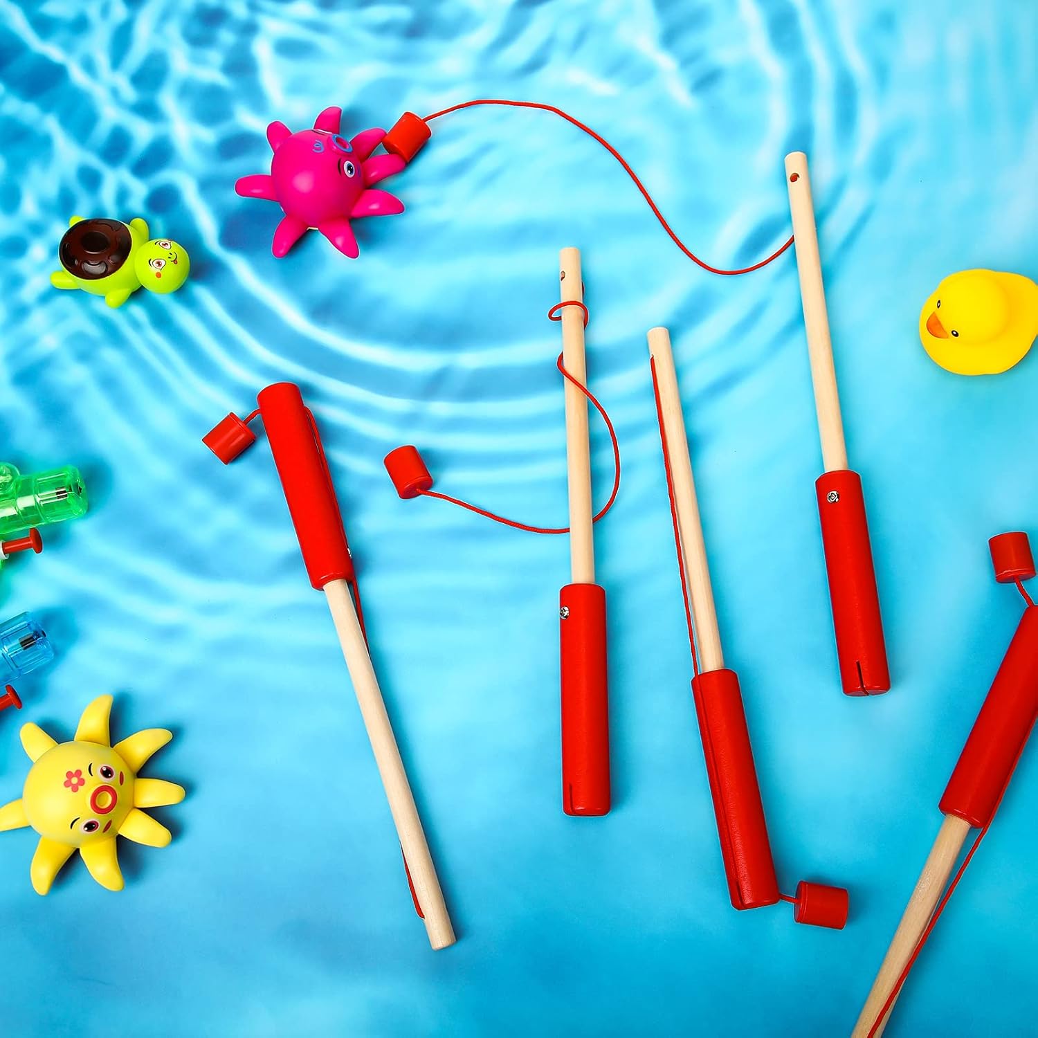 Sumind 6 Pcs Magnetic Fishing Pole Wooden Magnetic Fishing Rods with Magnet Hooks Christmas Game Toy Gifts for Birthday Party(Red,Column)
