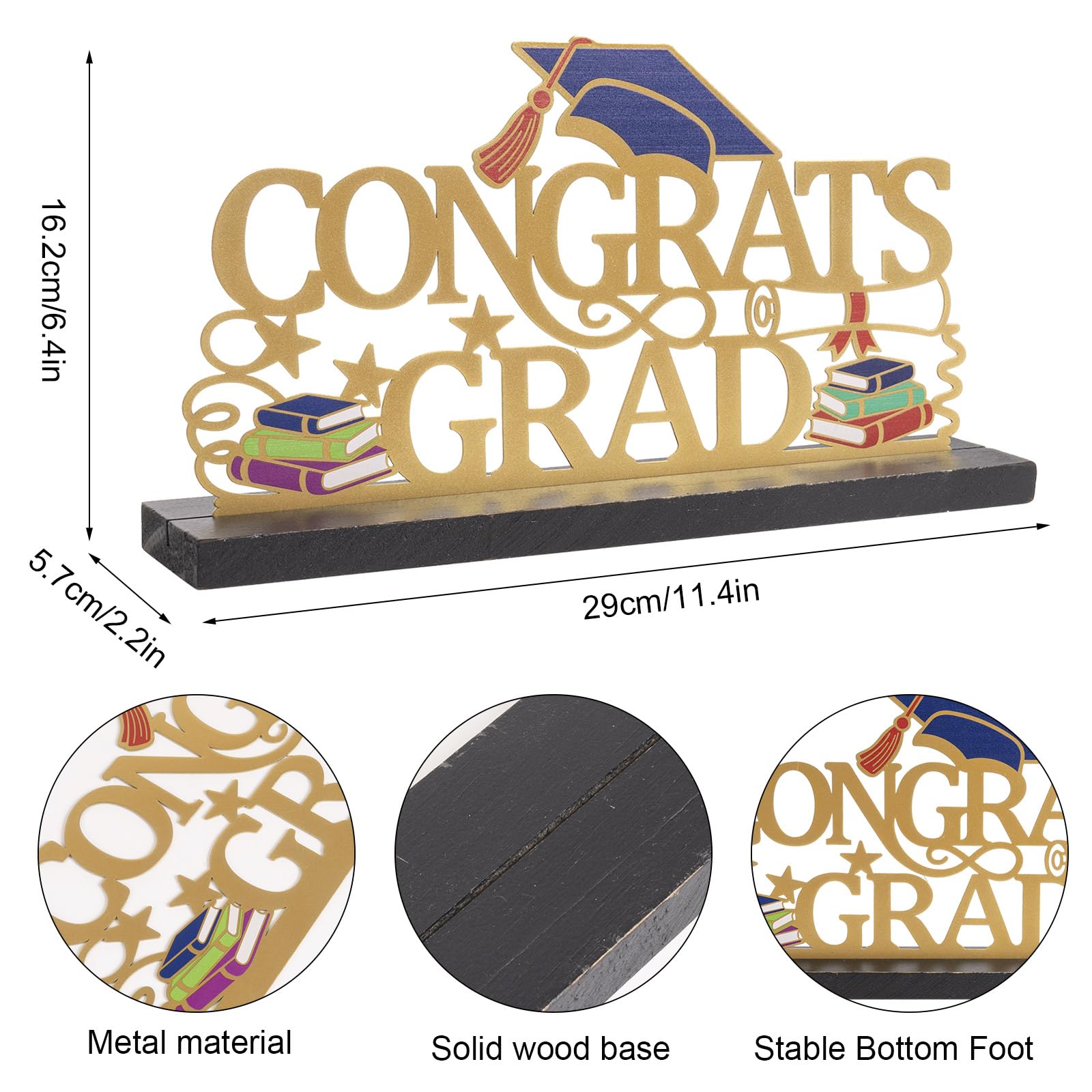Metal Congrats Grad Sign Base in legno, 30 x 16,5 cm oro 2026 decorazioni per tavolo di laurea, centrotavola per feste al chiuso, mensola per laurea, foto, scrivania, scuola, università