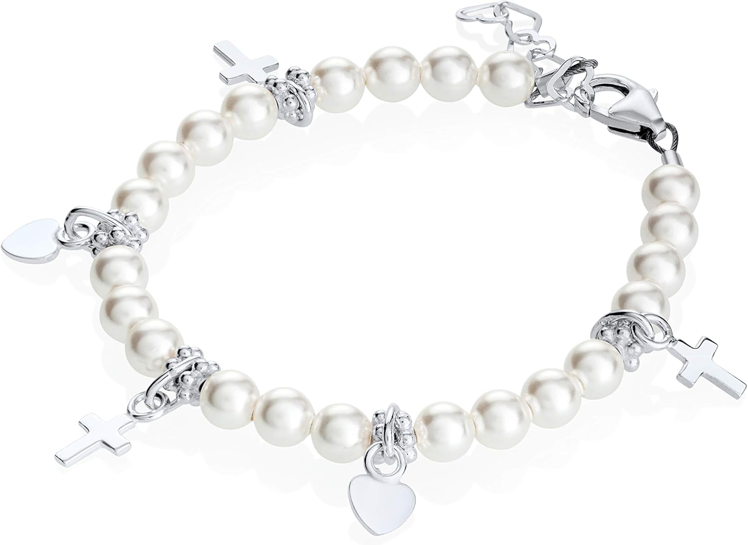Sterling Silver Charm Bracelet for Girls - With European Simulated Pearls and Silver Cross and Heart Charms - Best First Communion Gift (BPWCH)
