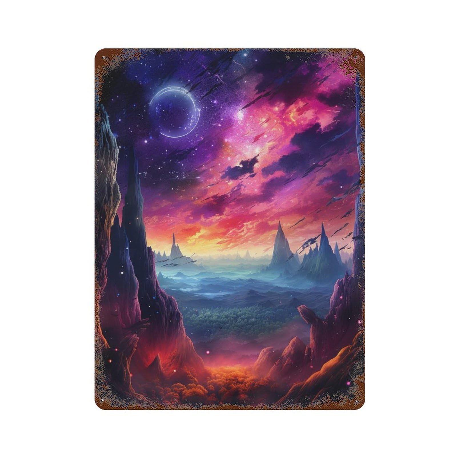 Fantasy Cosmic Landscape Weathered Tin Sign 15.7"x11.8", for Patio, Garden Room And Bar Decor, Farmhouse Wall Decor