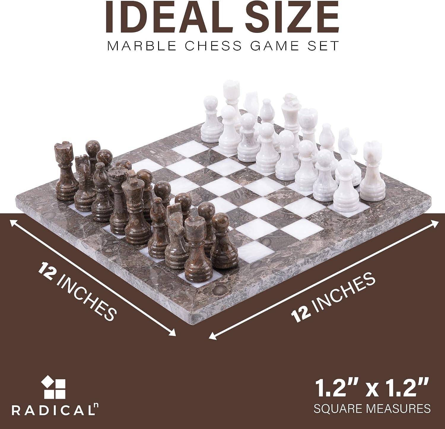 Radicaln Jeu d'échecs en marbre blanc et gris de 30,5 cm fait à la main pour adultes – 1 échiquier et 32 pièces d'échecs