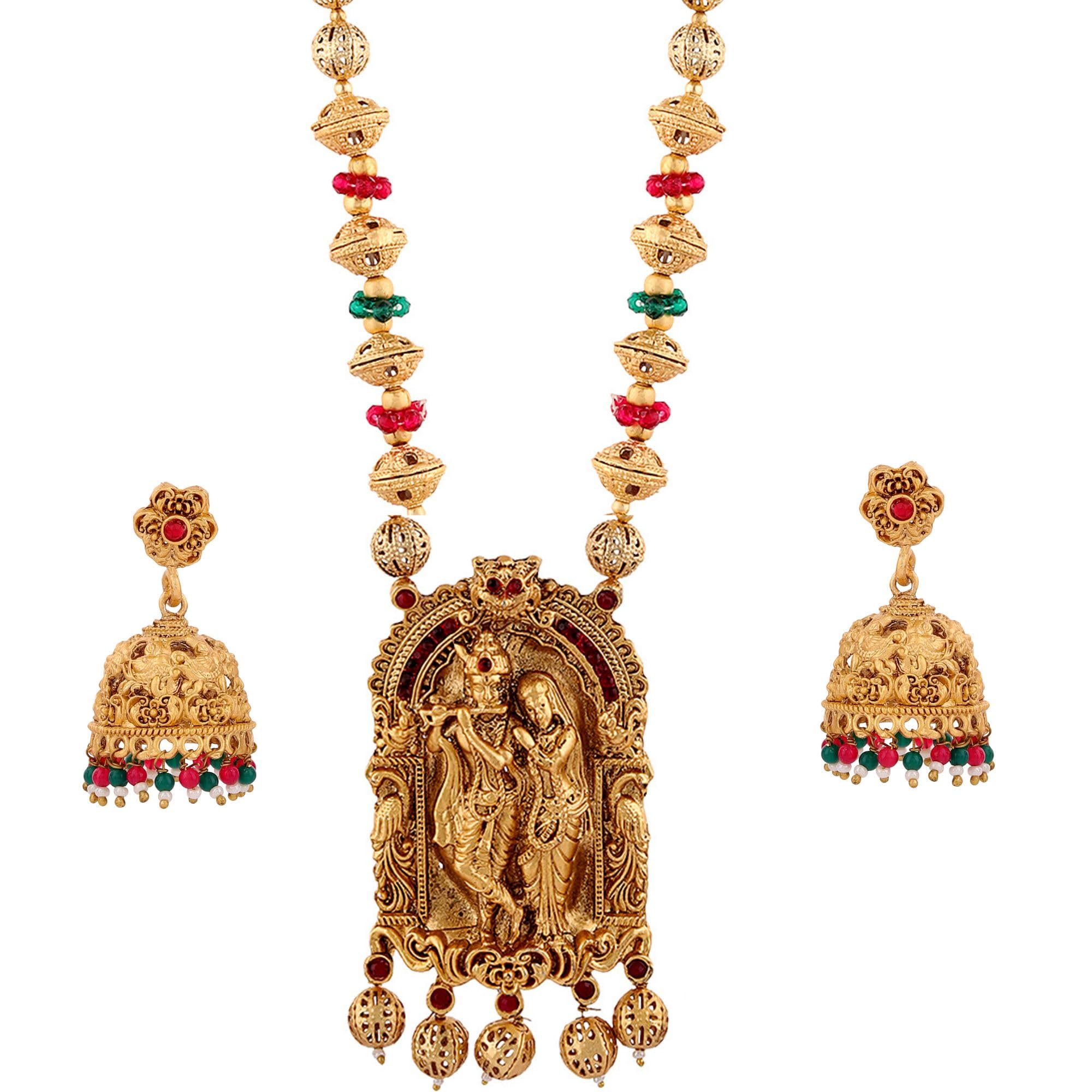Mansiyaorange Matte Gold Muticolor Long Radha Krishna Pendant Jewelry Set With Earrings (Multicolor) (B0D928GJDV) Amazon Price History, Amazon Price Tracker