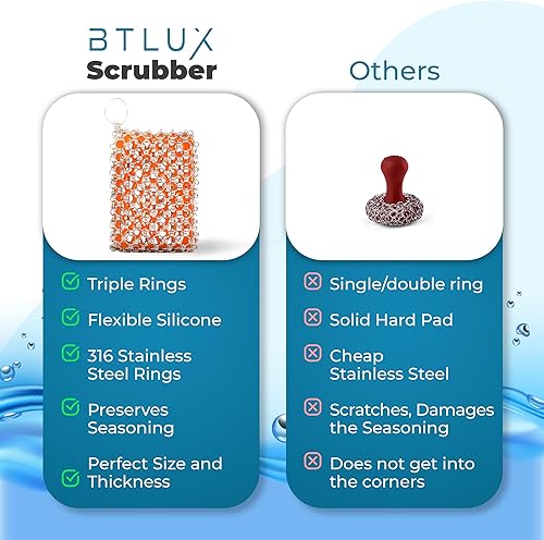 Miniatura 6 de Limpiador de hierro fundido, esponja de hierro fundido, acero inoxidable 316, malla de triple anillo, limpiador perfecto para sartenes de hierro