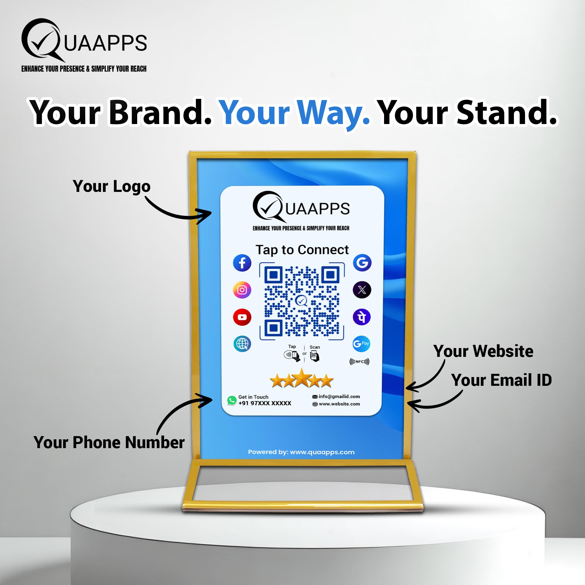 QUAAPPS All-in-One Customized QR Code Scanner Stand | Google Review, Social Media & Payment Links with NFC Tap Functionality | Personalized Display Stand for Restaurant, Salon & Clinic | 9×6 Inch 3