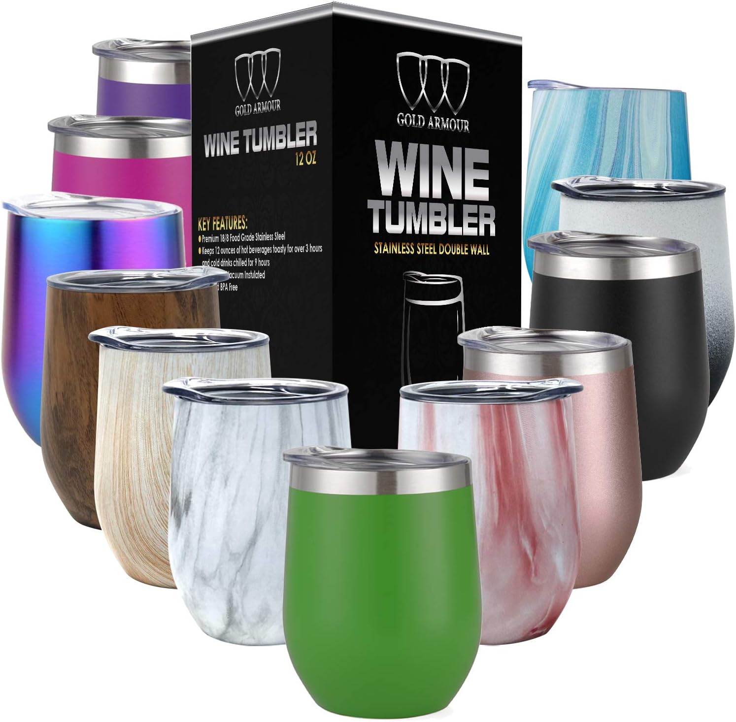 Stainless Steel Wine Glass Tumbler with Lid, 12 oz Double Wall Vacuum Insulated Travel Tumbler Cup, Coffee Water Bottle Cup (Green)