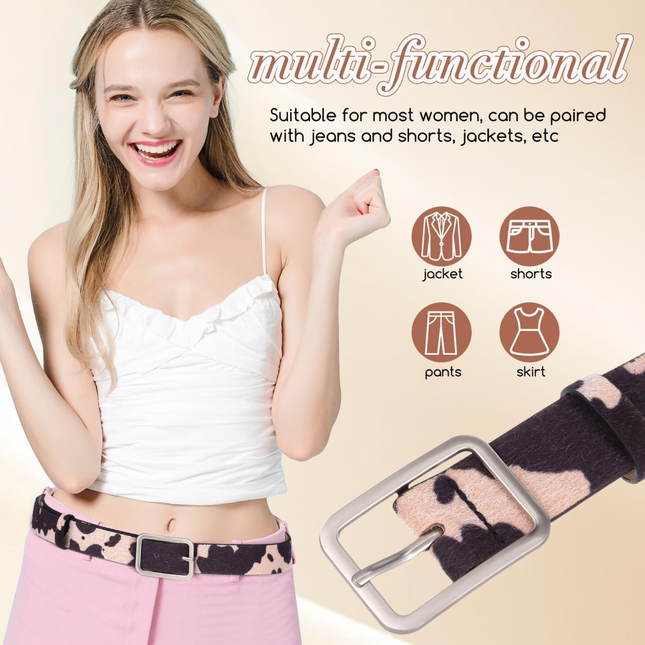 minkissy Cow Print Belt for Women Casual PU Leather-Belt Adjustable Pants Cool Western Belt Animal Print Waistband for Women Girls Brown 39.30X1.14X0.47inch - Image 3