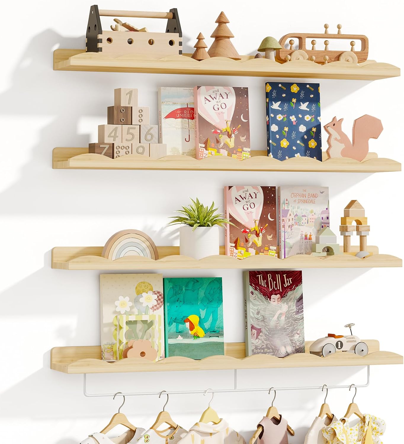 Fixwal Nursery Shelves, 24 Inch Floating Bookshelves for Wall Set of 4, Scalloped Wall Book Shelves with Towel Rack for Kids, Toddler Room, Baby Room, Nursery Decor and Storage(White)