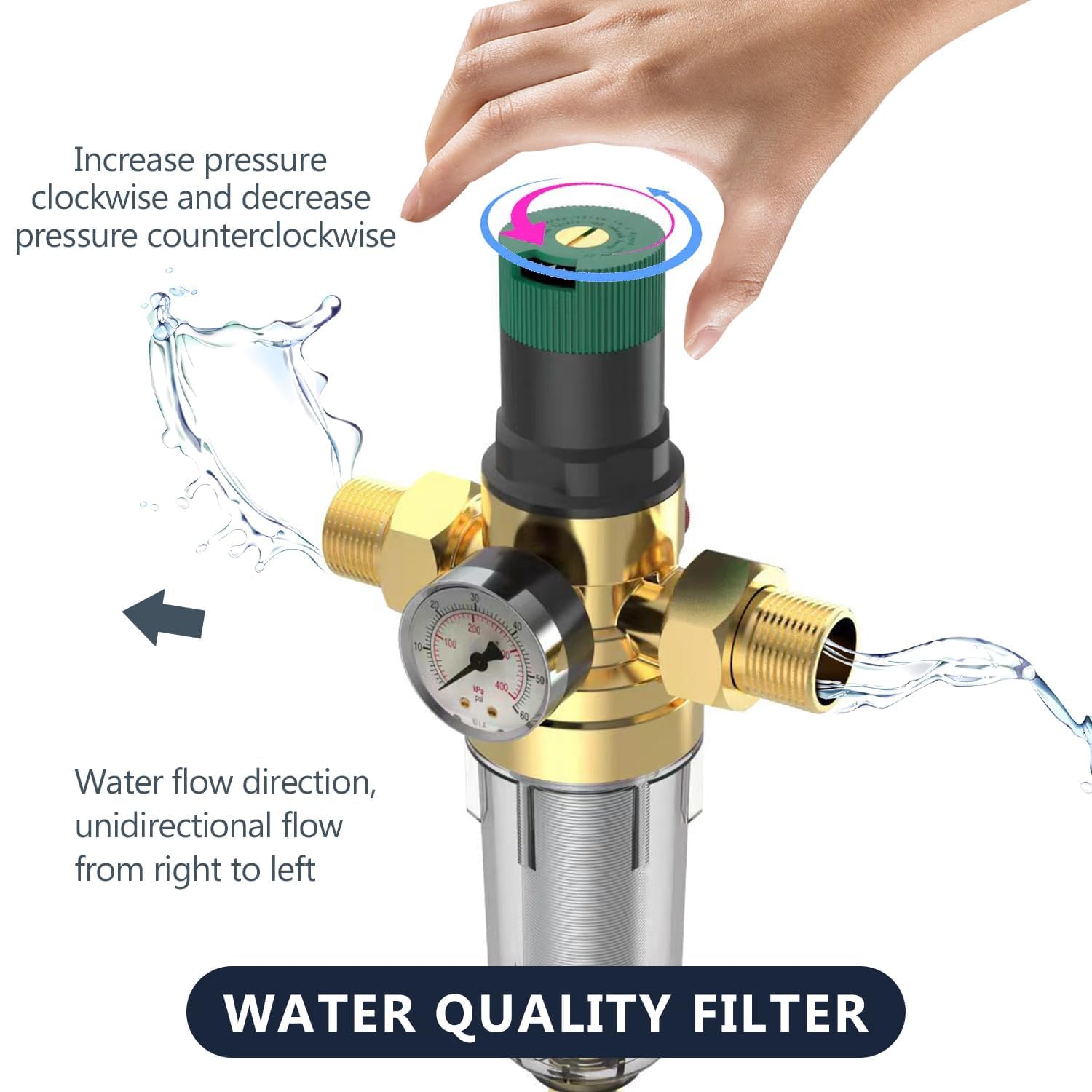 1 Pouce Ajustable Reducteur de Pression Eau, DN 32 Laiton épaissi Limiteur de Pression, Réducteur de Pression Eau Avec Filtre et Manomètre, Applicable à La Maison, Le Bâtiment, L'usine