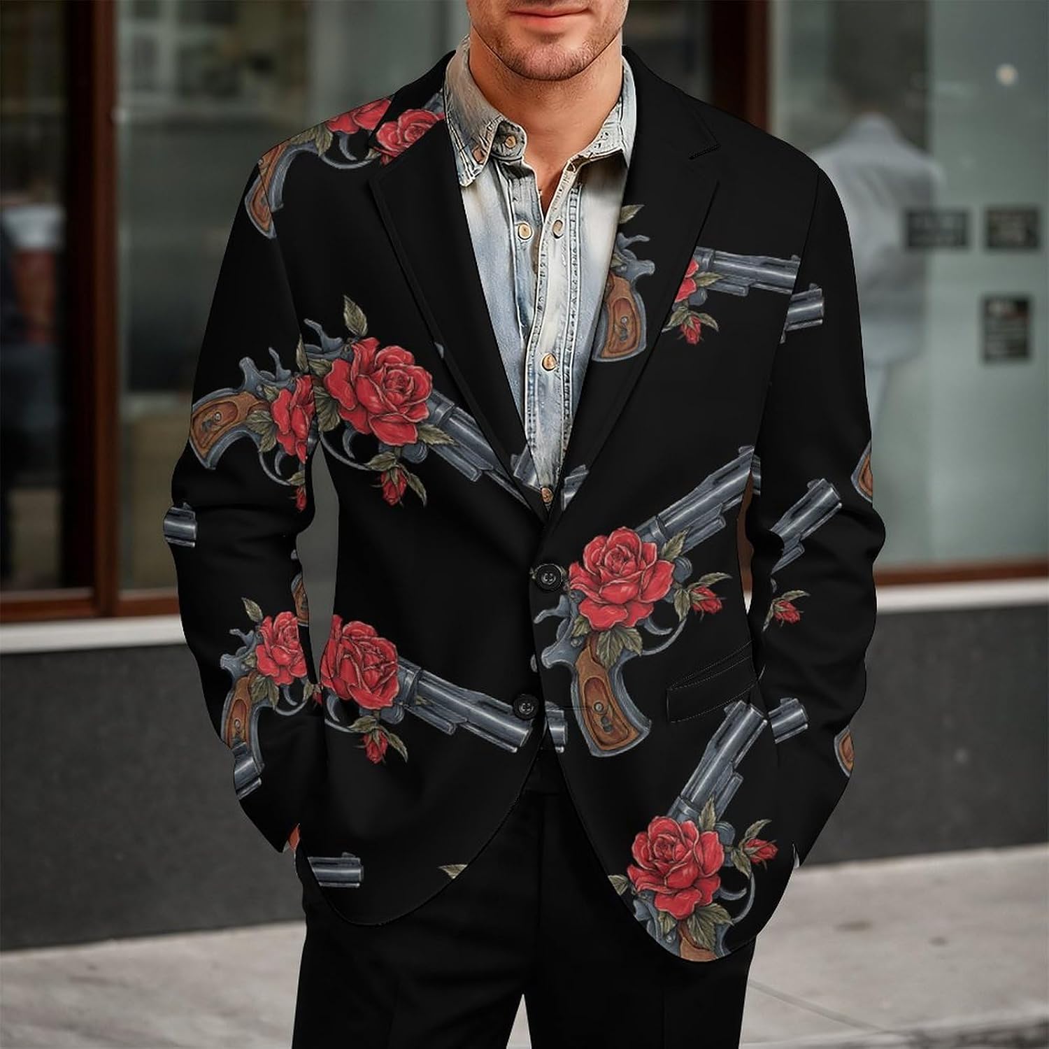Red Flowers Guns Mens Blazer Jacket Business Casual Suit Sport Coats Wedding Party Tuxedo