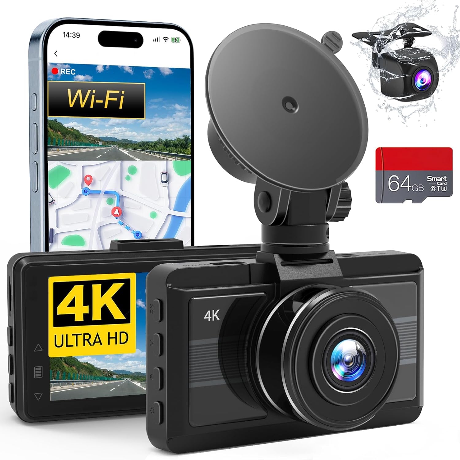 Dash Cam Front Rear,4K/1080P Full HD Dash Camera for Cars Built-in WiFi, with 64GB SD Card,3.0″ IPS Screen with App Control, G-Sensor, Loop Recording, Night Vision, Parking Mode