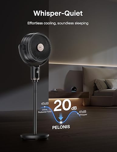 Miniatura 7 de PELONIS Ventilador de pedestal inteligente para dormitorio, ventilador de pie, cuchillas de doble capa (9+7 cuchillas), motor de CC,