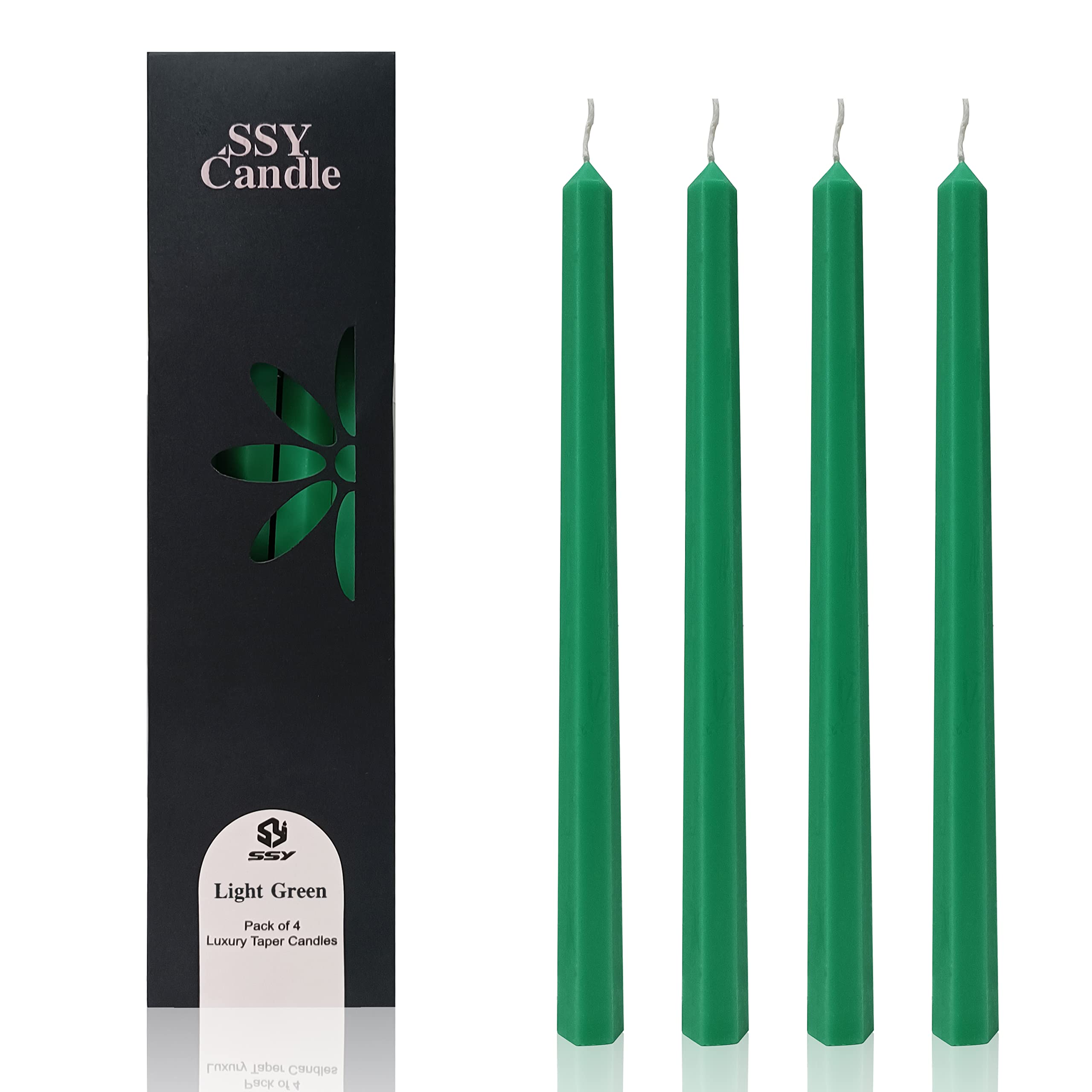 FCMSHAMD 4 Pack Tall Taper Candles Set- 30cm Dripless Unscented Dinner Long Candlesticks - 9 Hours Burn Time for Wedding Dinner Festival Party Decoration (Green)