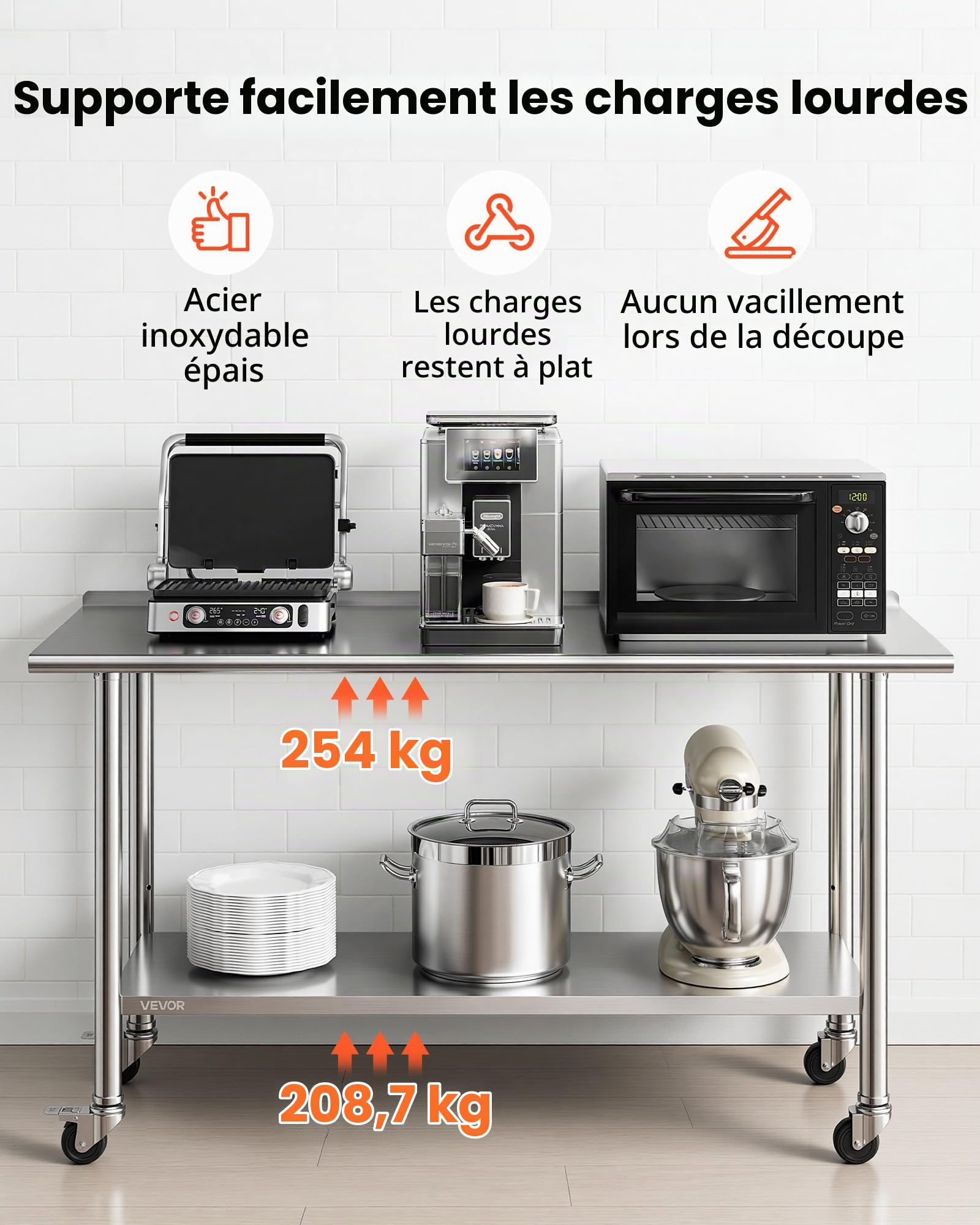 VEVOR Table de Travail Cuisine Professionnelle, Table Centrale INOX 152,4x61 cm 2 Niveaux, pour Préparation Café Hôtel Restaurant, Poste de Travail en Acier Inoxydable sur roulettes, avec Dosseret