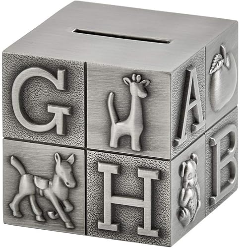 Miniatura 4 de Creative Gifts International Banco de bloque ABC de peltre para niños, regalo para recién nacidos, plata, 3 x 3 x 3 pulgadas, acabado mate chapado