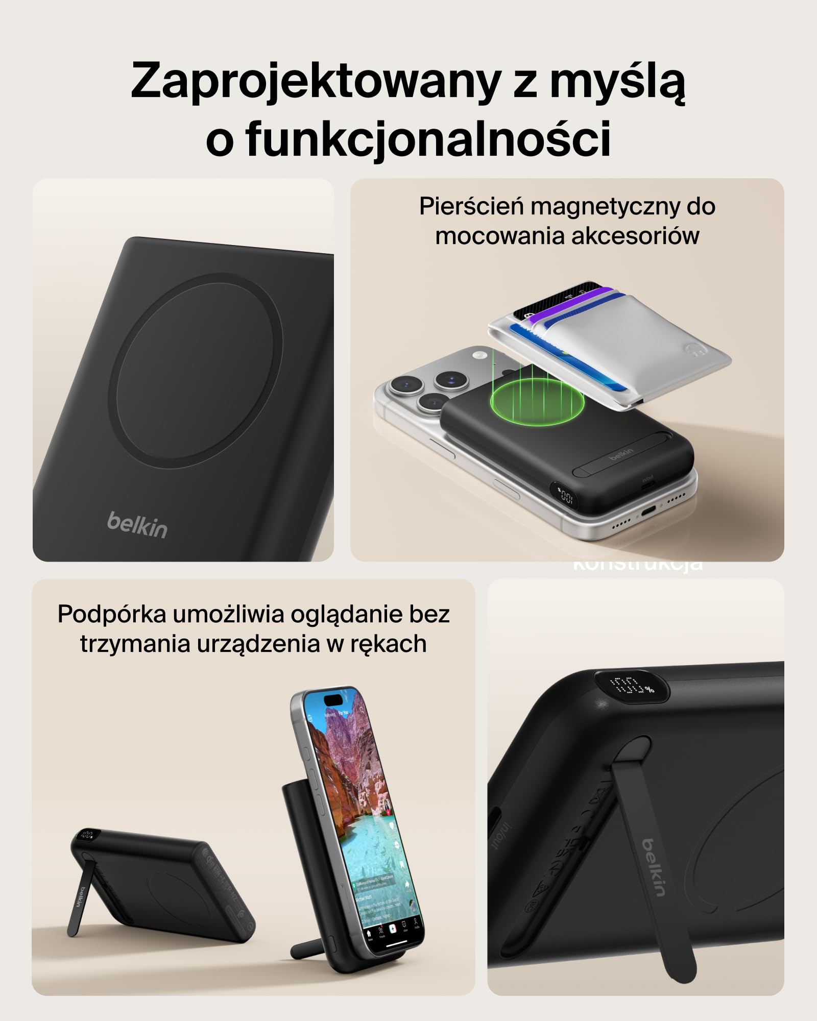 Belkin BoostCharge Magnetyczny Powerbank 10000 mAh z Podpórką – Czarny | Powerbank Bezprzewodowy 10000 mAh, Pierścień Magnetyczny do Podłączania Akcesoriów, Port USB-C, Naładowany, Kabel w Zestawie