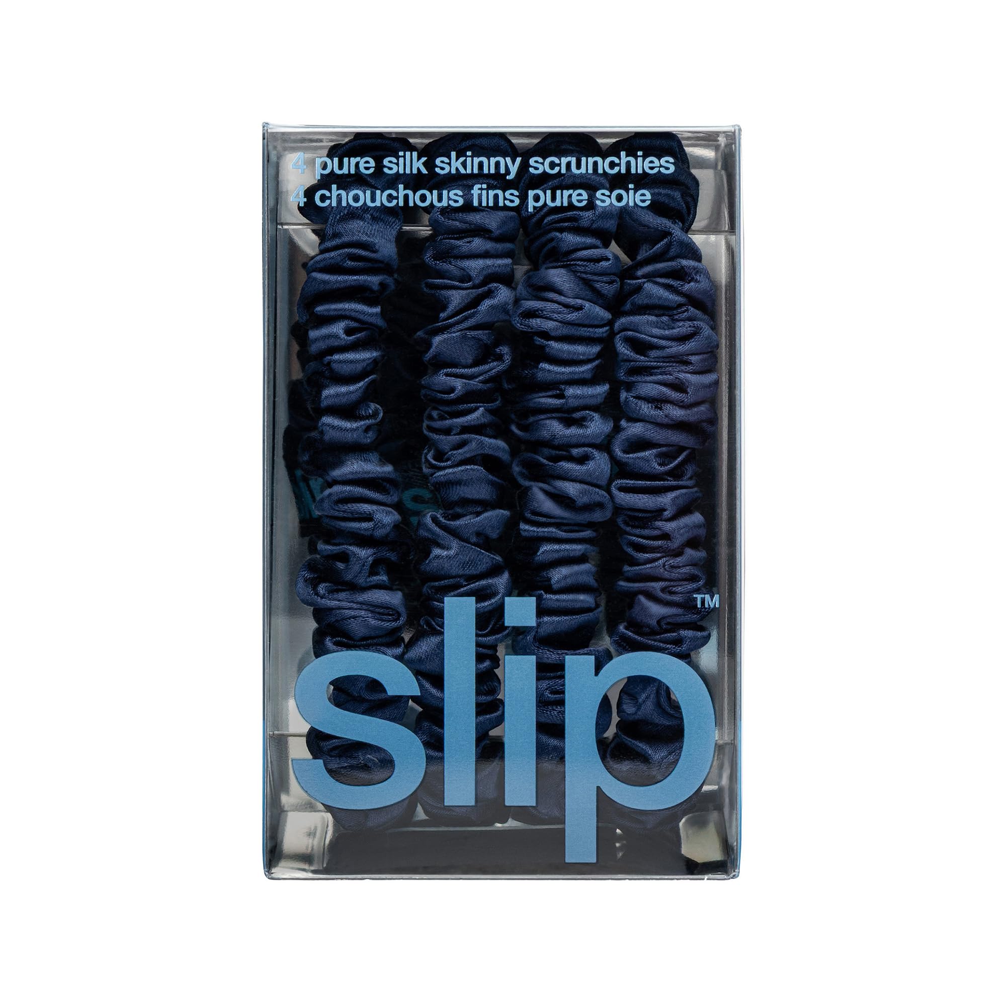 slip Silk Skinny Scrunchies -  | Set of 4 Skinny Scrunchies | 100% Mulberry Silk, Anti-Crease, Gentle on Hair, Reduces Breakage | Stylish & Durable, Ideal for All Hair Types: Navy