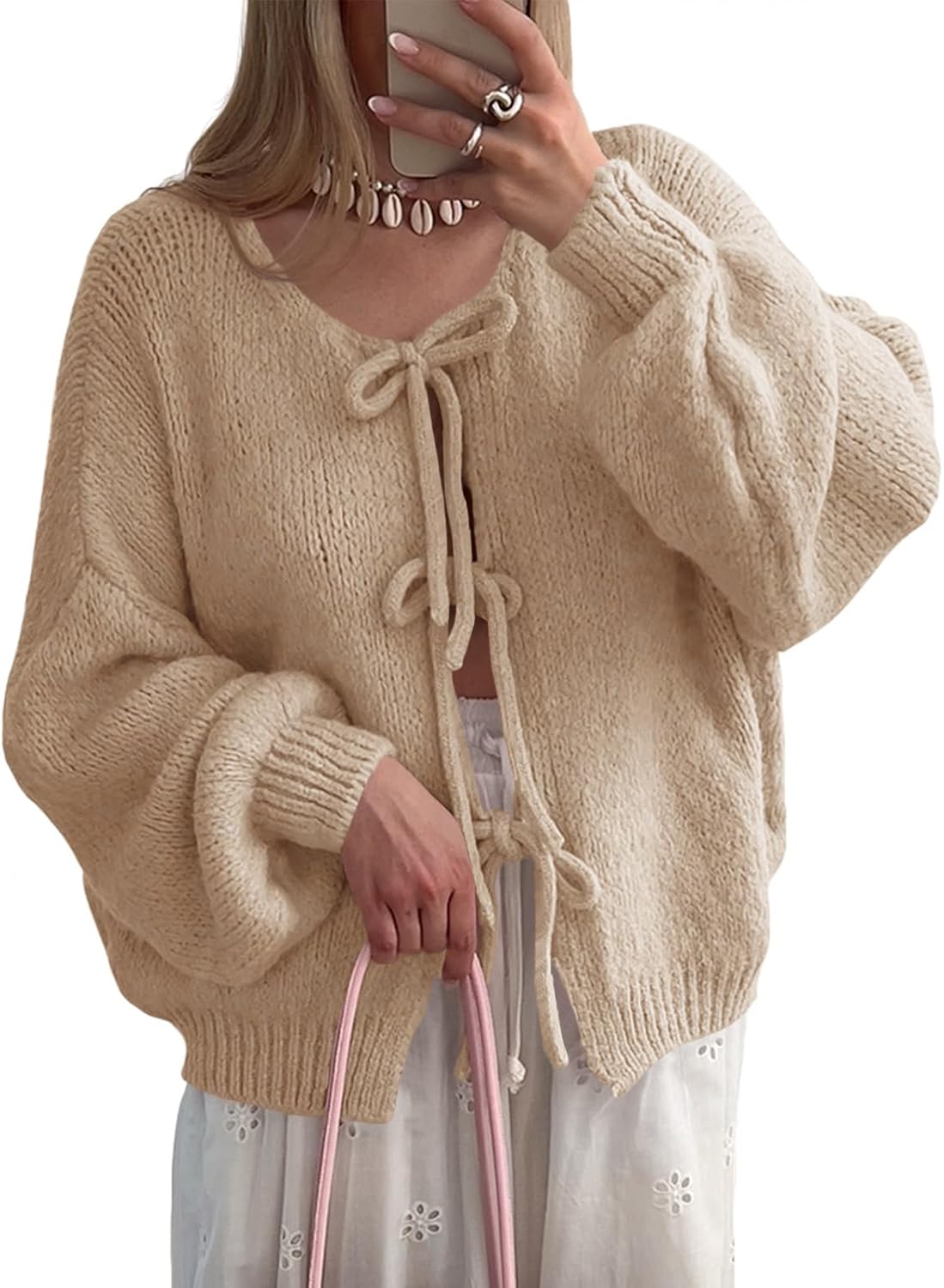 UNCLECAT Womens Bow Tie Front Cardigan Sweaters Oversized Fall Open Front Cardigans Cute Loose Knit Tops