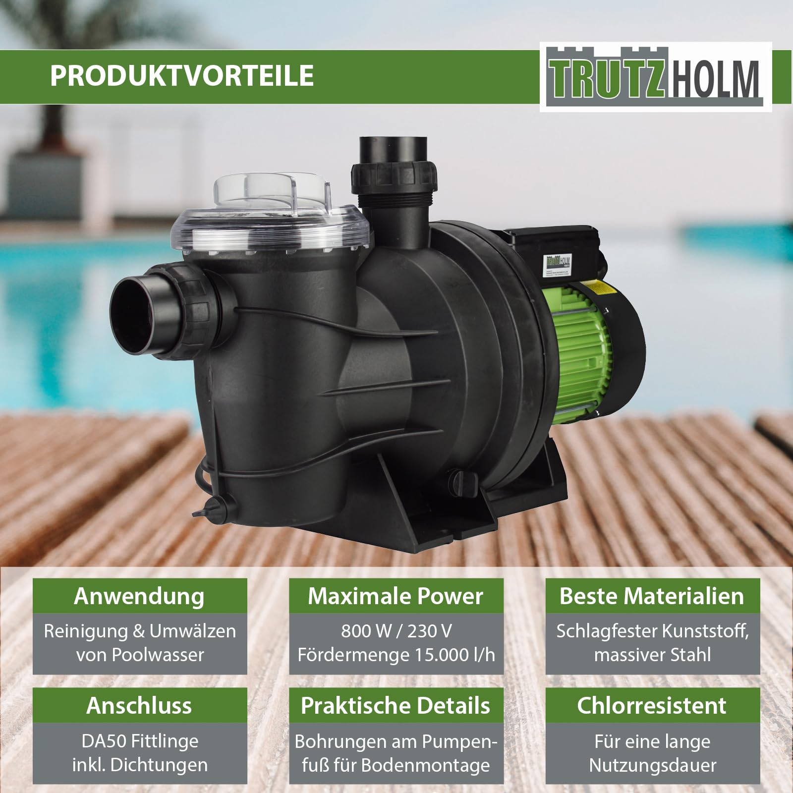 TRUTZHOLM Schwimmbadpumpe Poolpumpe Filterpumpe Umwälzpumpe Pumpe 550W 10.000 l/h oder 800W 15.000 l/h für Pools mit 30.000 Litern oder 45.000 Litern (800W / 15m³l/h)