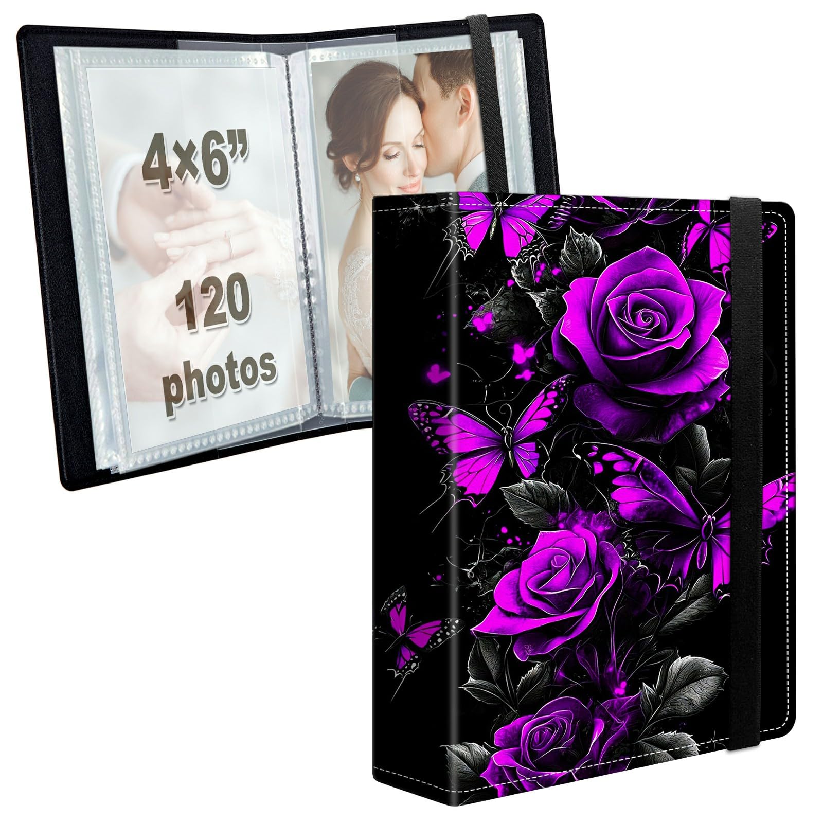 Photo Album 4x6 120 Photos with Strong Elastic Band, Purple Rose Butterfly